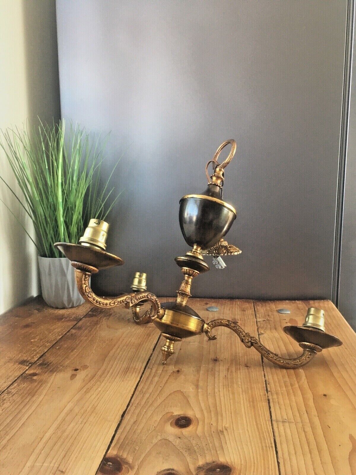 1950's French Regency Gilt Metal Toleware 3 Arm Chandelier Sconce Ceiling Light photo furniture