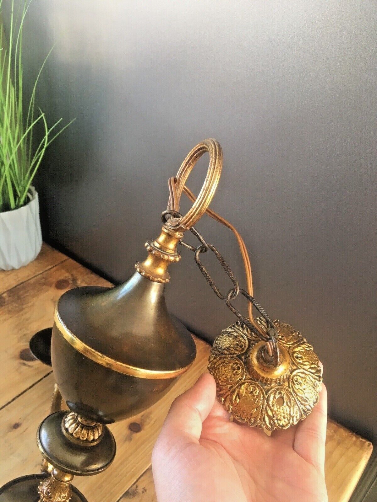 1950's French Regency Gilt Metal Toleware 3 Arm Chandelier Sconce Ceiling Light photo Lighting