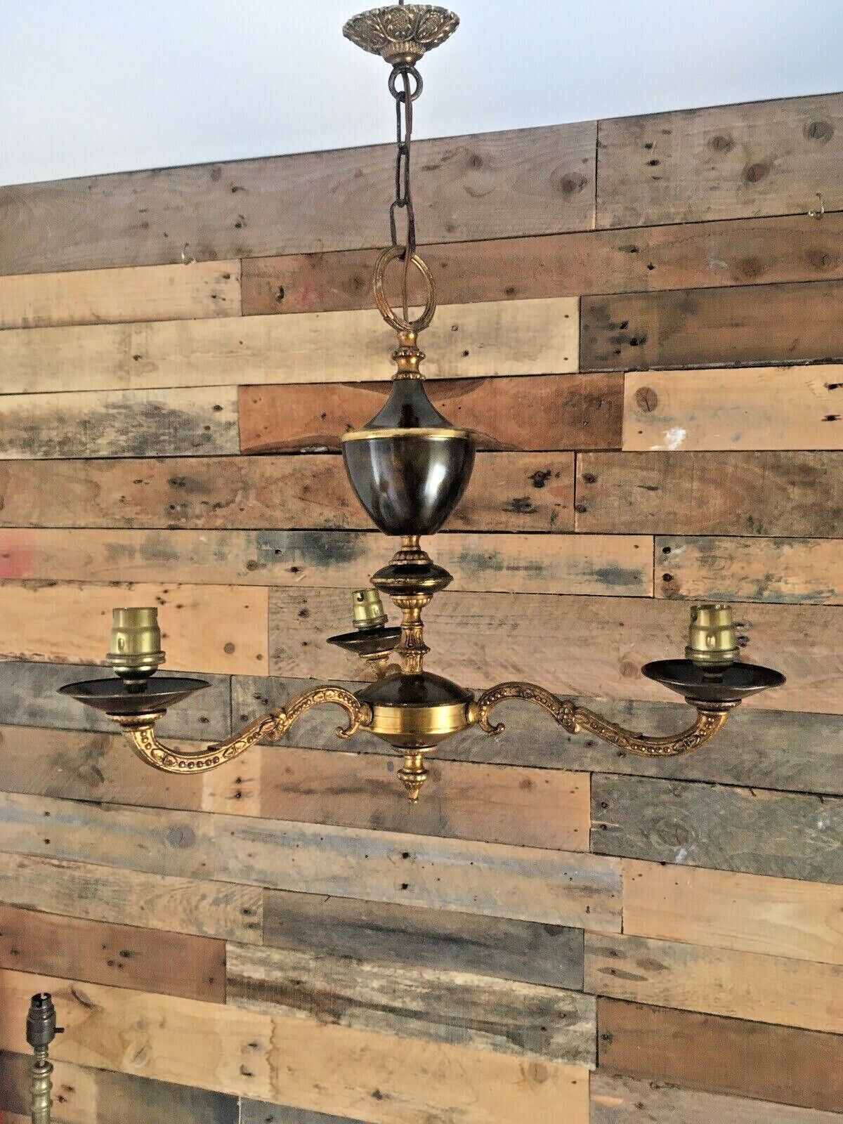 photo for sale 1950's French Regency Gilt Metal Toleware 3 Arm Chandelier Sconce Ceiling Light