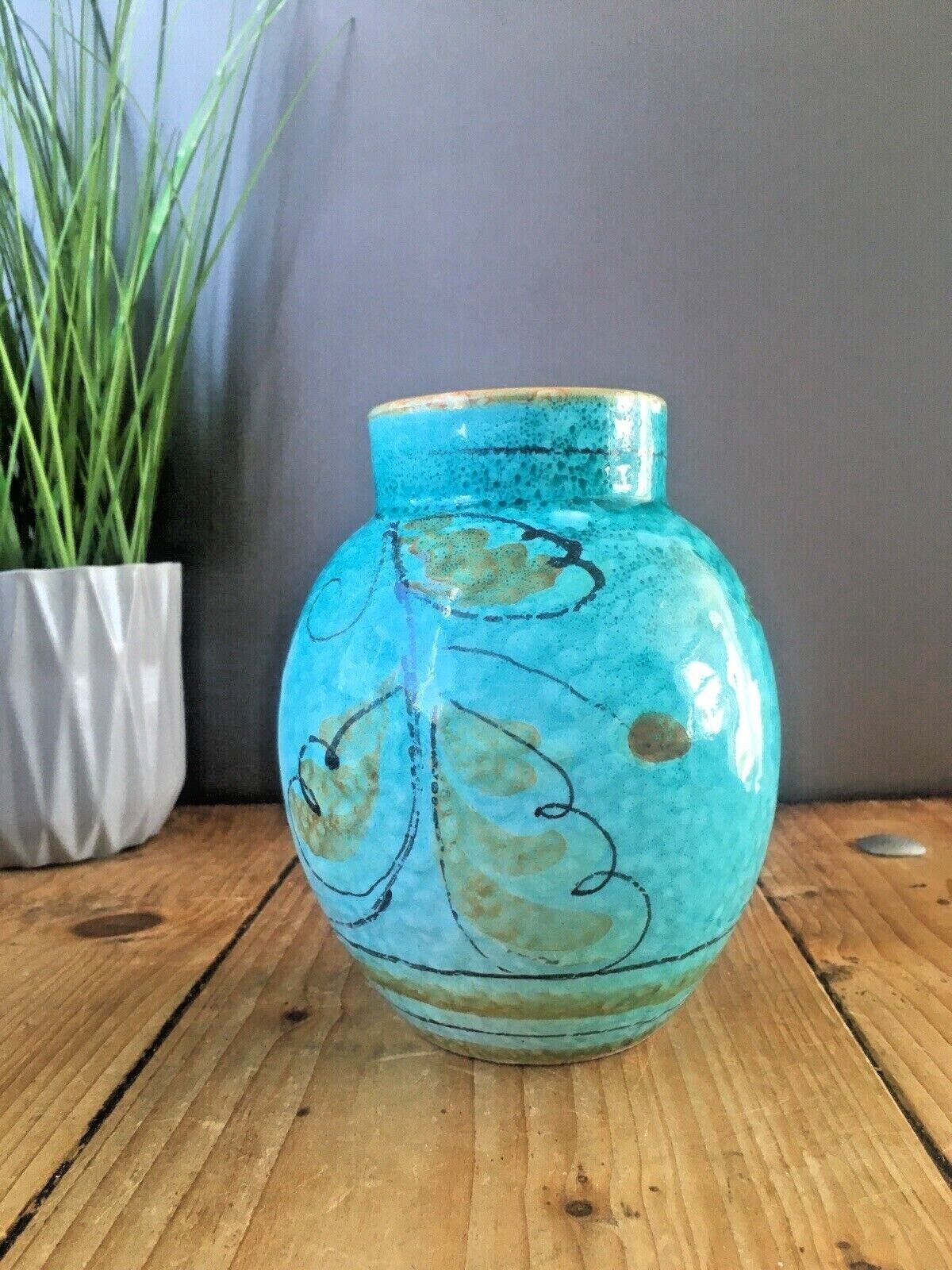 Mid Century 50's Italian Pottery Turquoise Leaf Vase Retro Fratelli Fanciullacci photo 75.0