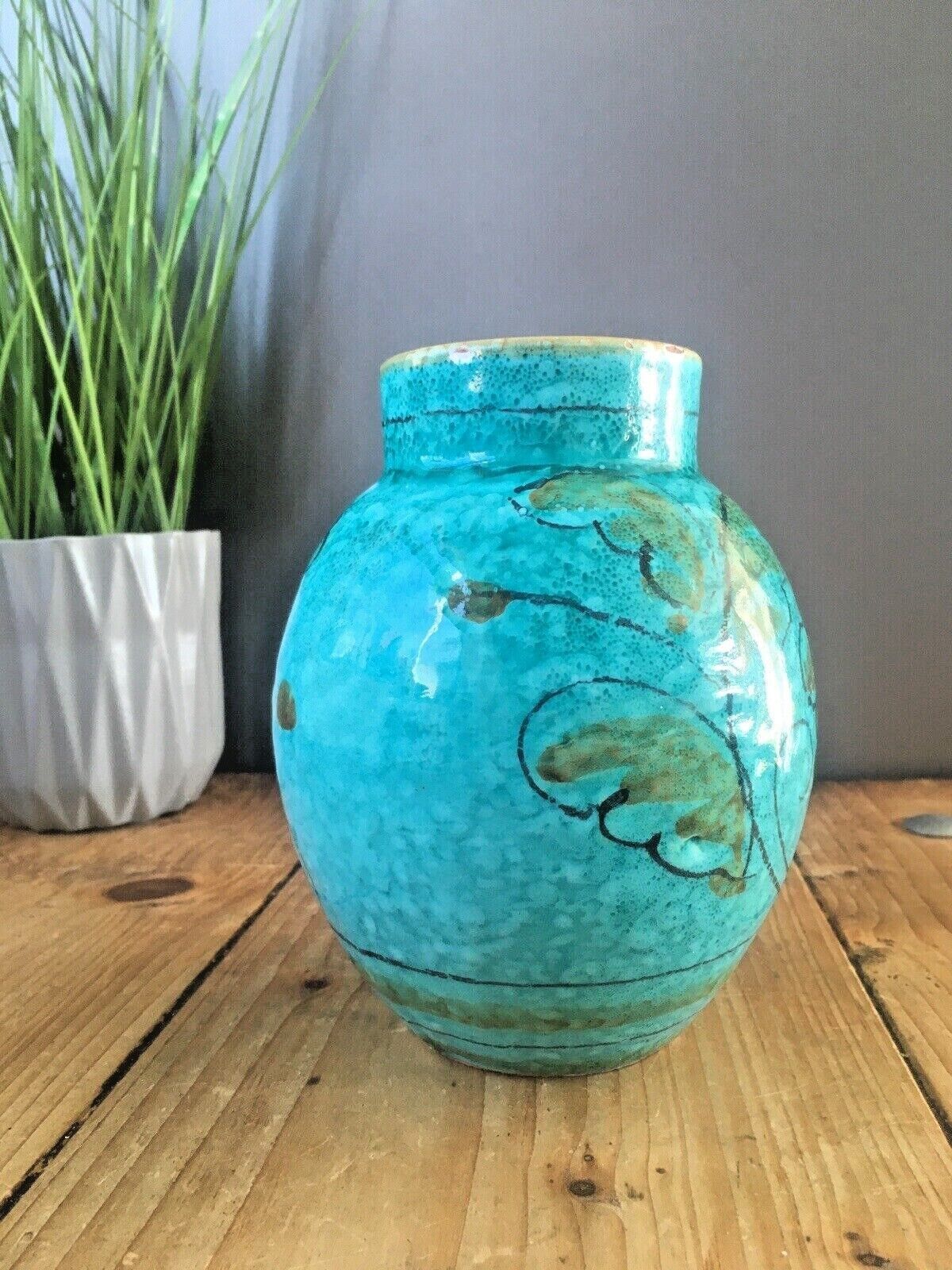 Mid Century 50's Italian Pottery Turquoise Leaf Vase Retro Fratelli Fanciullacci photo vinterior