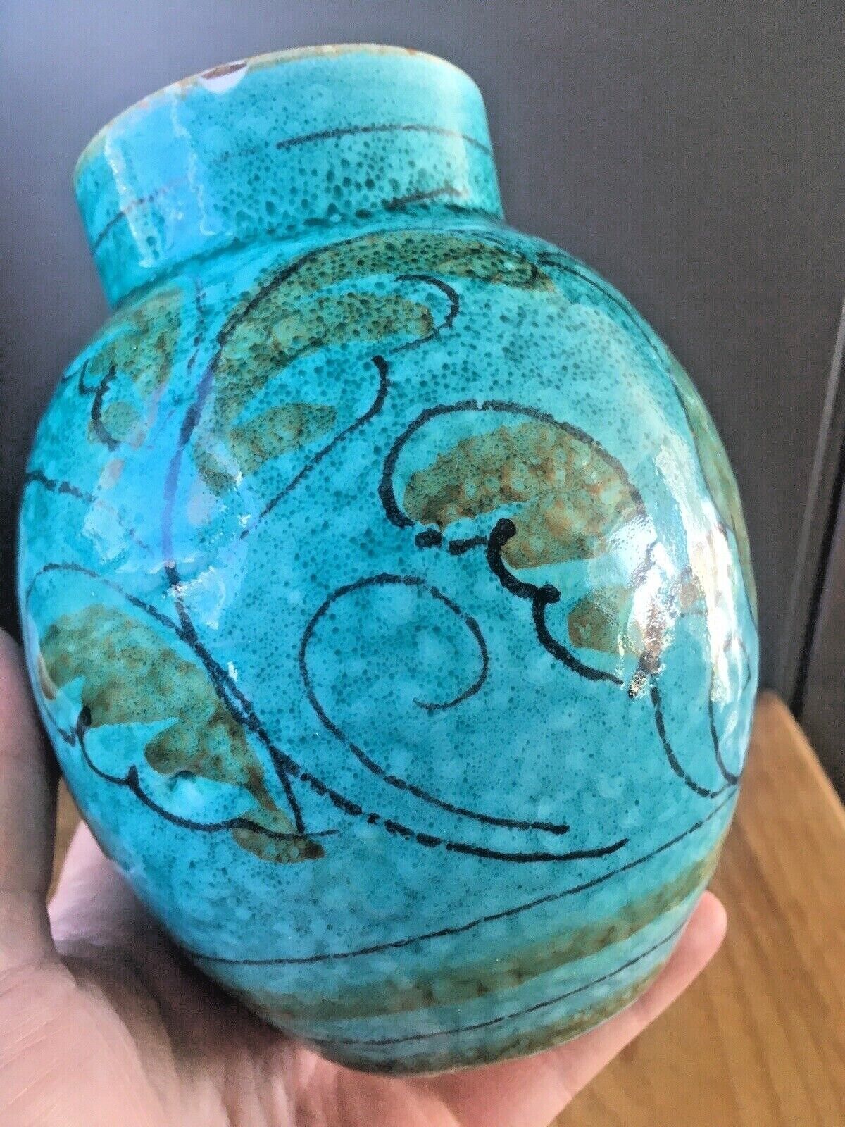 Home Decor Mid Century 50's Italian Pottery Turquoise Leaf Vase Retro Fratelli Fanciullacci photo