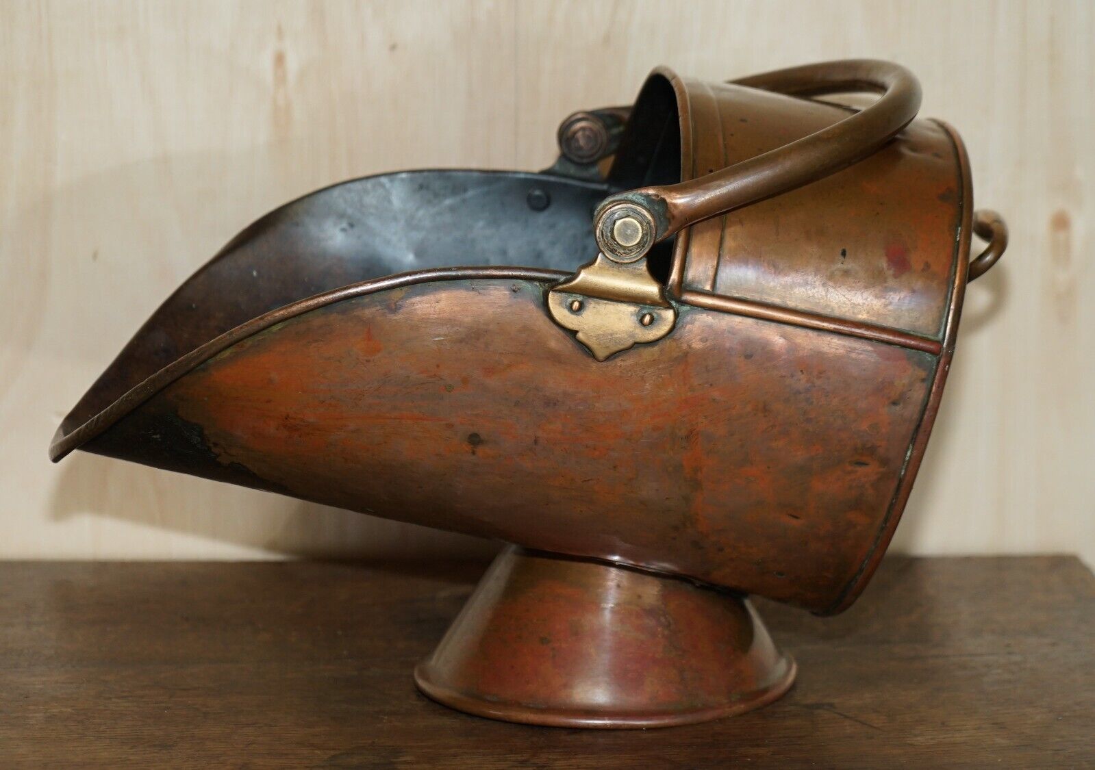 photo furniture Antique Circa 1860 English Copper Coal Helmet Scuttle For Fireplaces Mantles