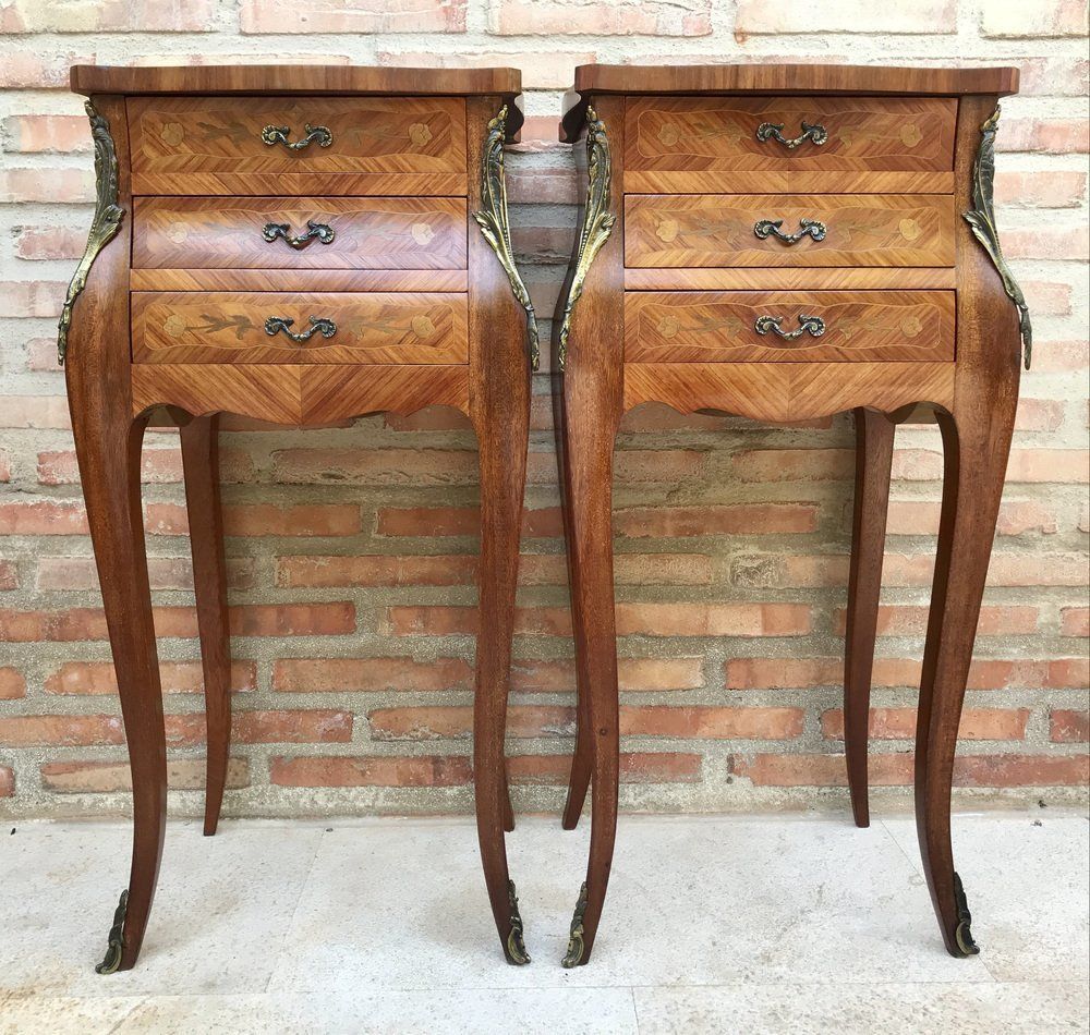 French Classic Louis Vx Style Marquetry Nightstands With Three Drawers, 1920s, Set Of 2
