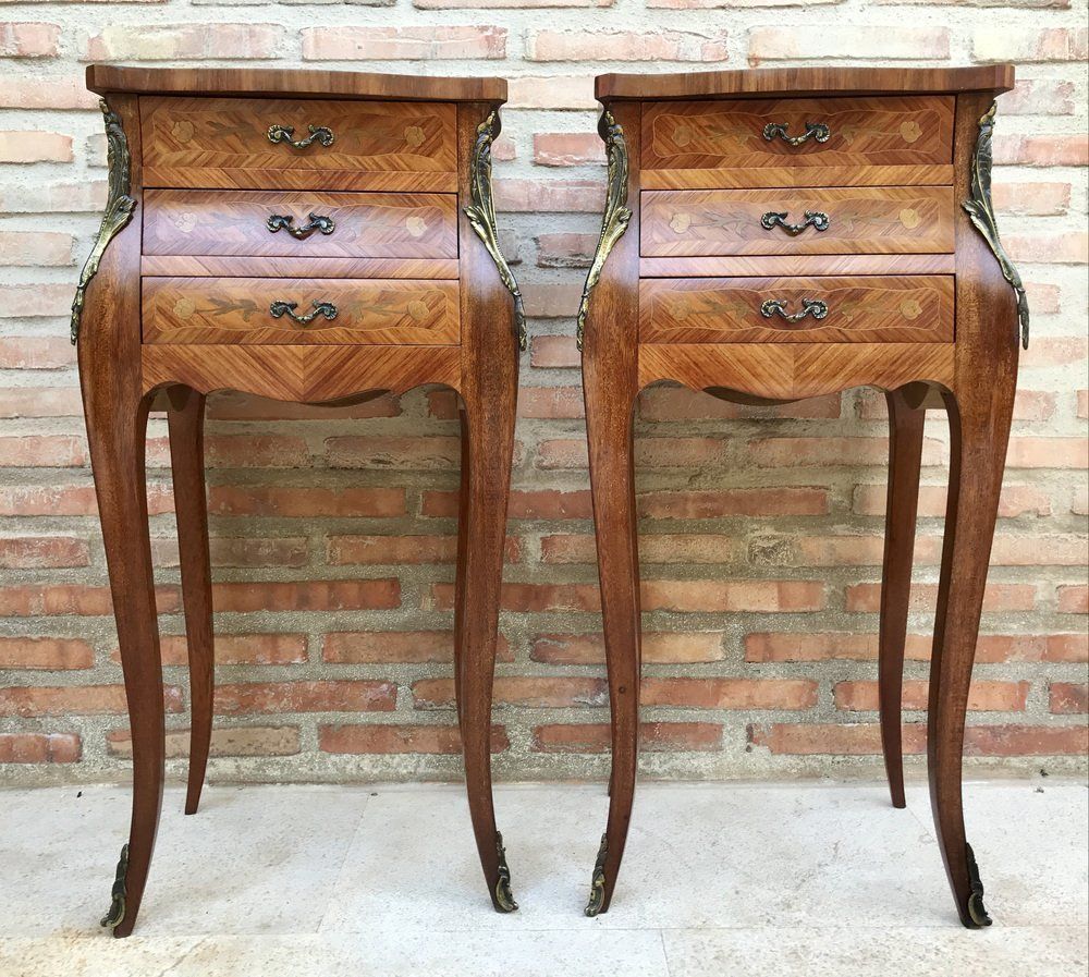 French Classic Louis Vx Style Marquetry Nightstands With Three Drawers, 1920s, Set Of 2 photo vinterior