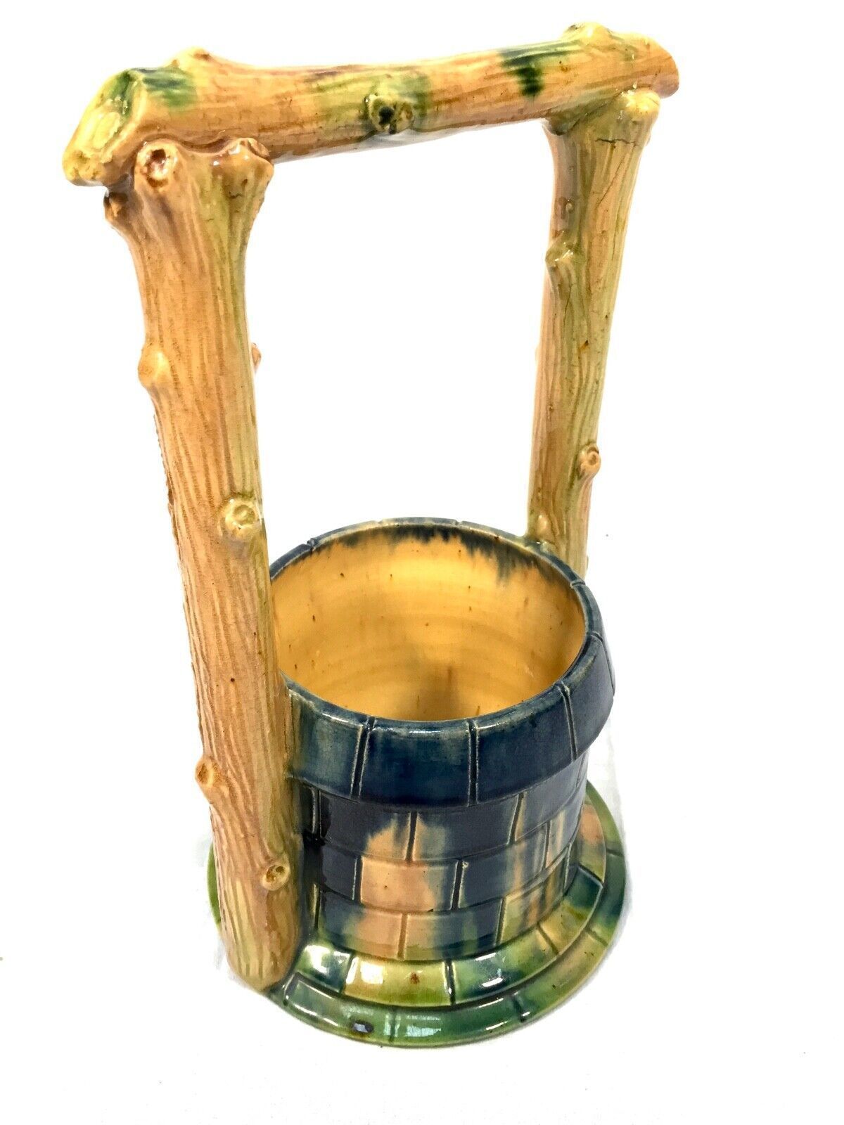 Antique Majolica Vase / Plant Pot In The Form Of A Well / Blue / Green / C.1930 photo 65.0