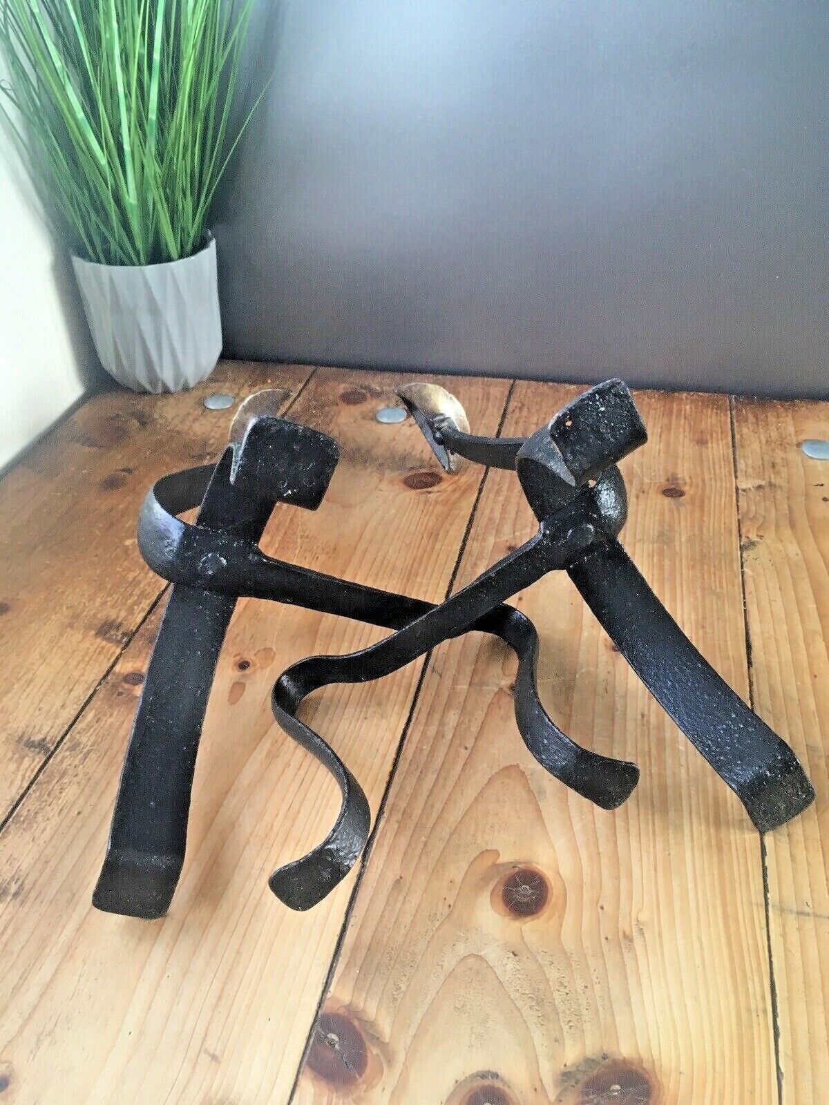 Pair Of Antique Art Nouveau Iron Brass Fireside Fire Dogs Andirons Arts & Crafts photo vintage