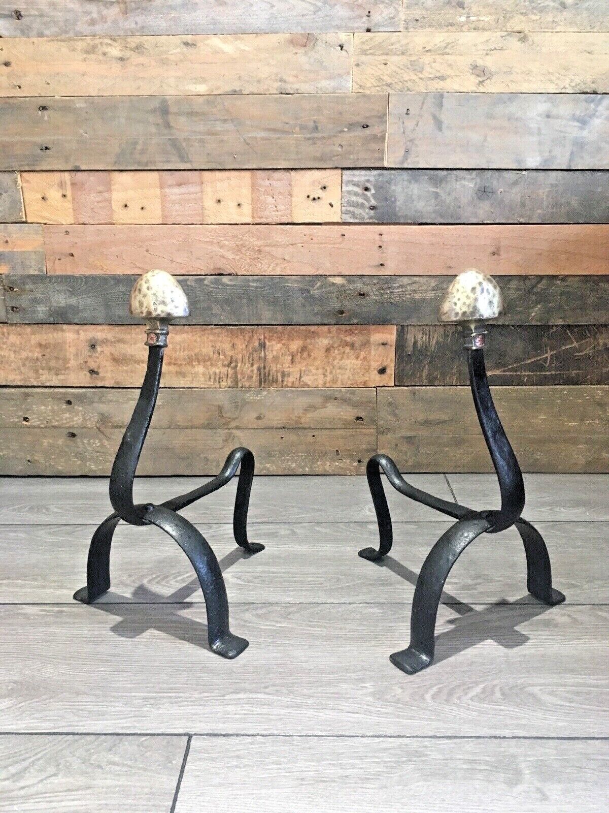 photo furniture Pair Of Antique Art Nouveau Iron Brass Fireside Fire Dogs Andirons Arts & Crafts