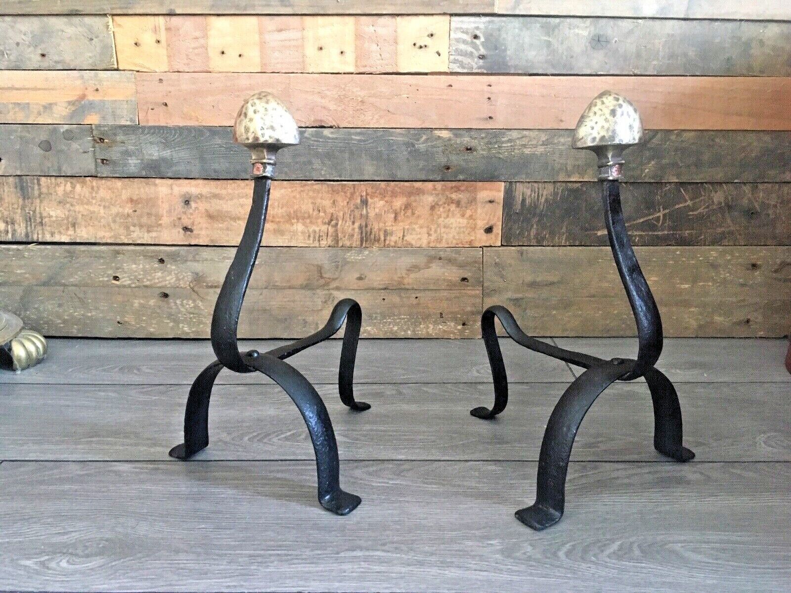 photo for sale Pair Of Antique Art Nouveau Iron Brass Fireside Fire Dogs Andirons Arts & Crafts