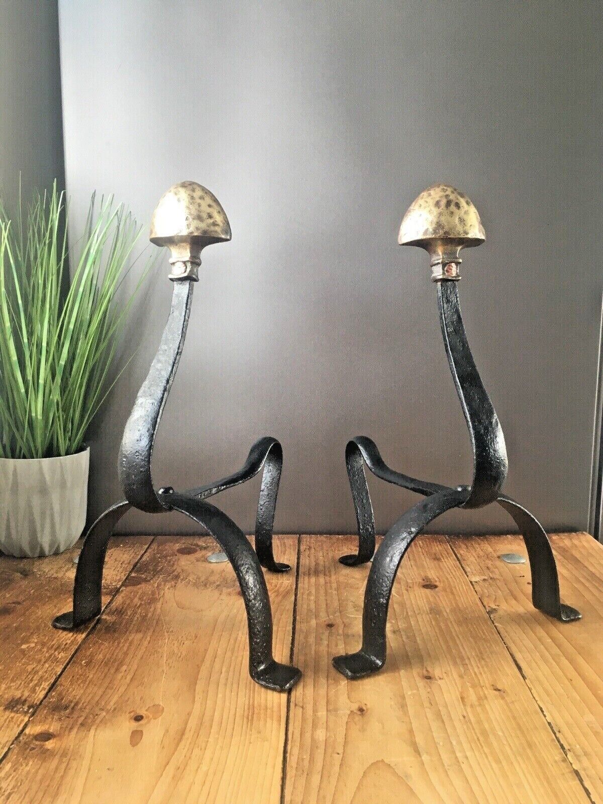 240.0 Pair Of Antique Art Nouveau Iron Brass Fireside Fire Dogs Andirons Arts & Crafts photo