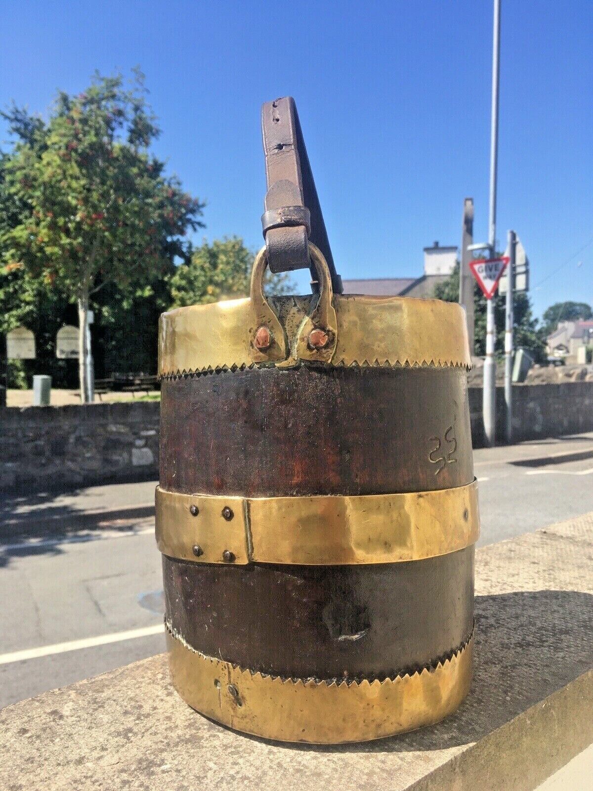 Unusual Antique Coopered Oak & Brass Grain Barrel Bucket Trench Art Military ?