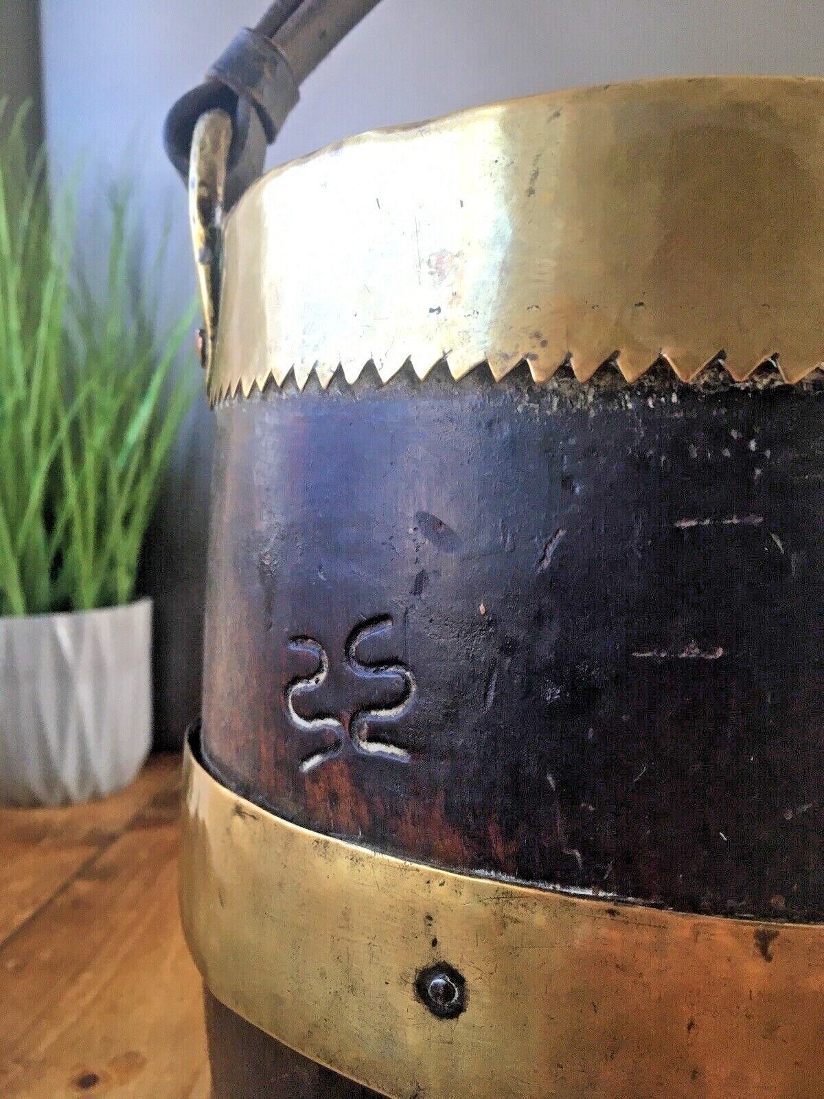 Unusual Antique Coopered Oak & Brass Grain Barrel Bucket Trench Art Military ? photo 165.0