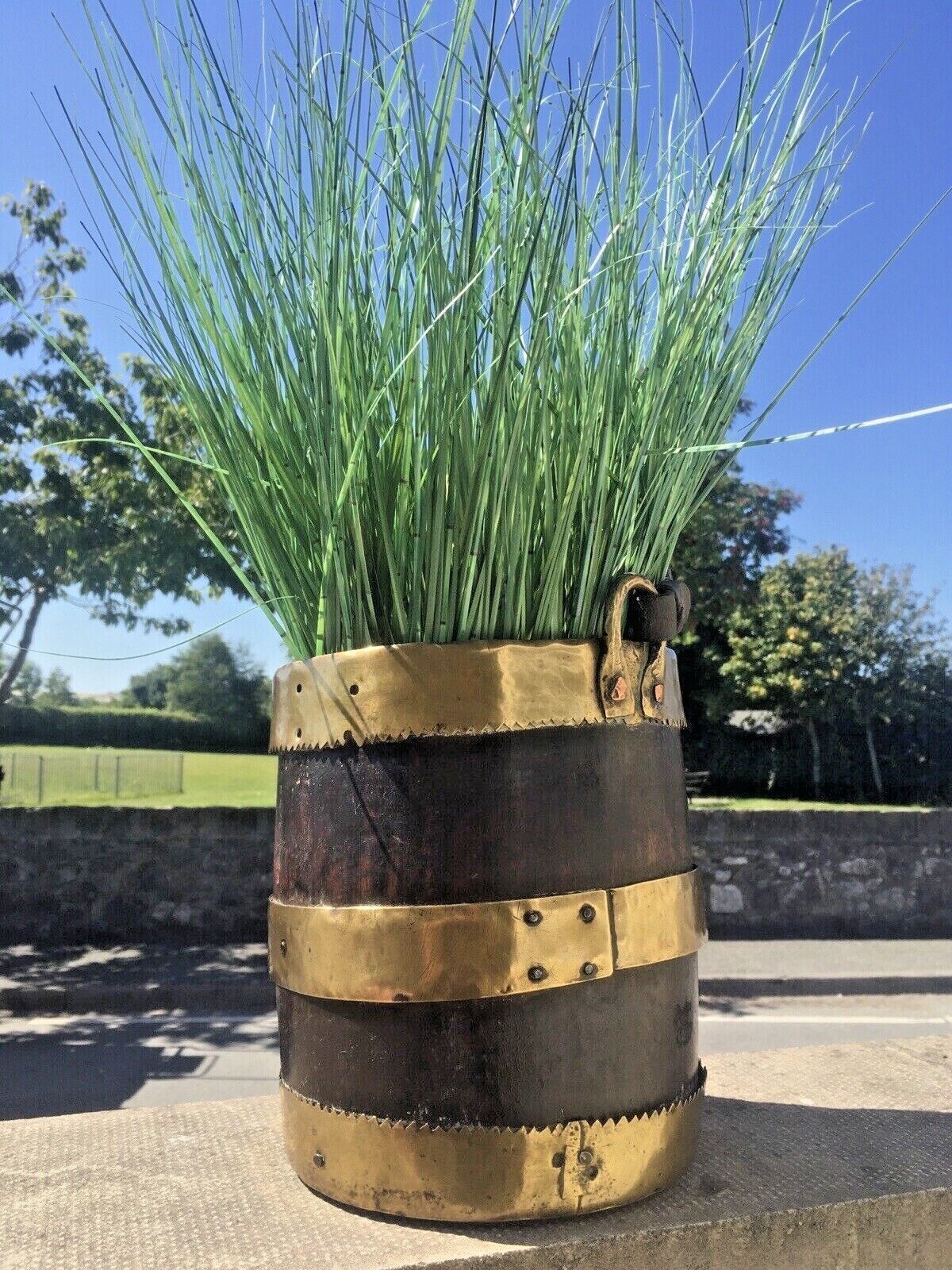 Home Decor Unusual Antique Coopered Oak & Brass Grain Barrel Bucket Trench Art Military ? photo