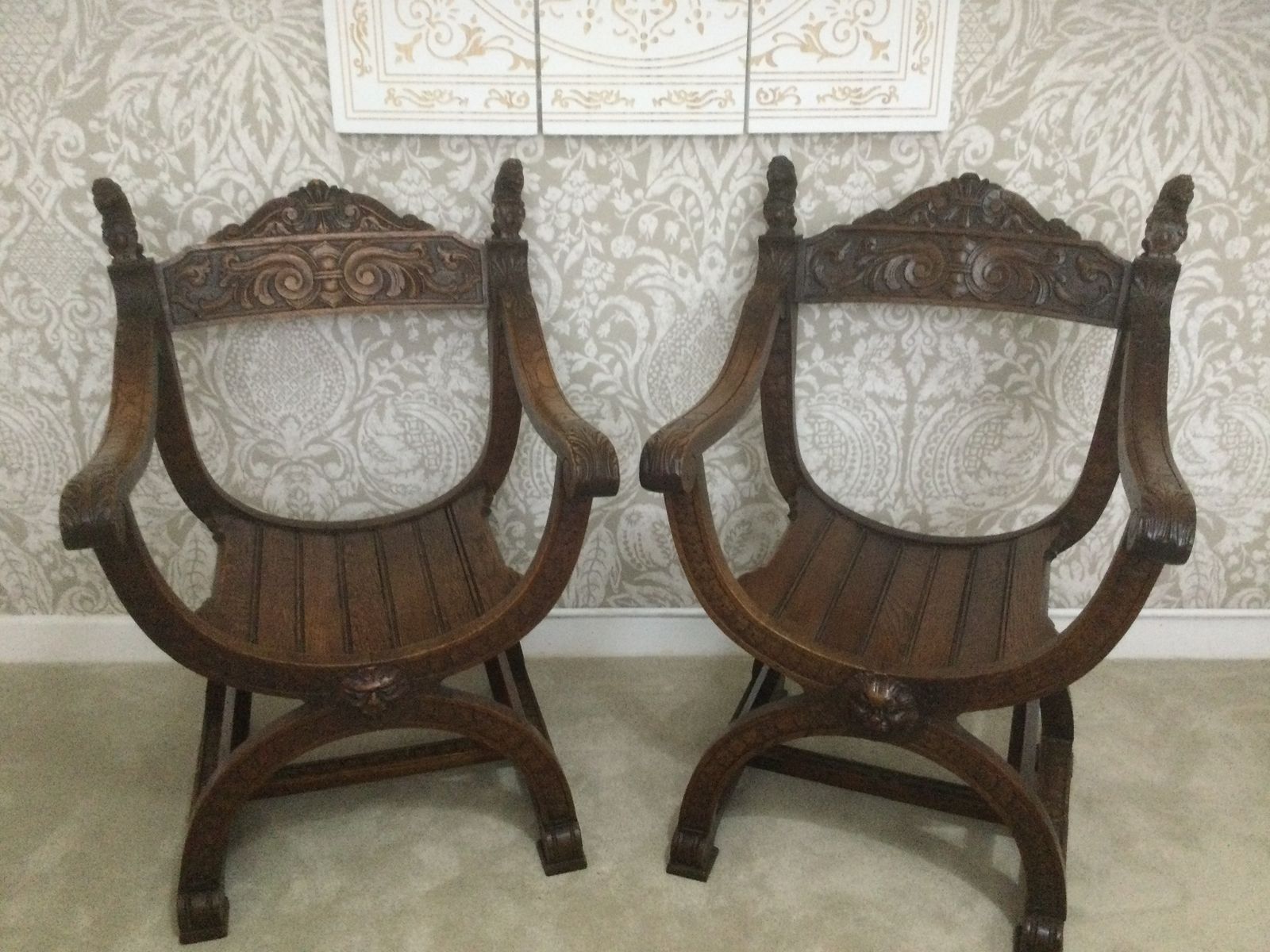 Antique 19th Century Oak Lion Shield Italian Dante Savonarola  Renaissance  Chairs photo vinterior