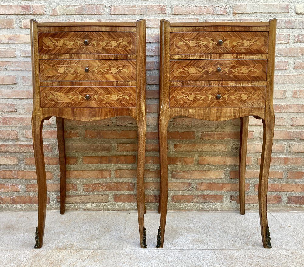 French Nightstands In Walnut With Three Drawers, 1940s, Set Of 2
