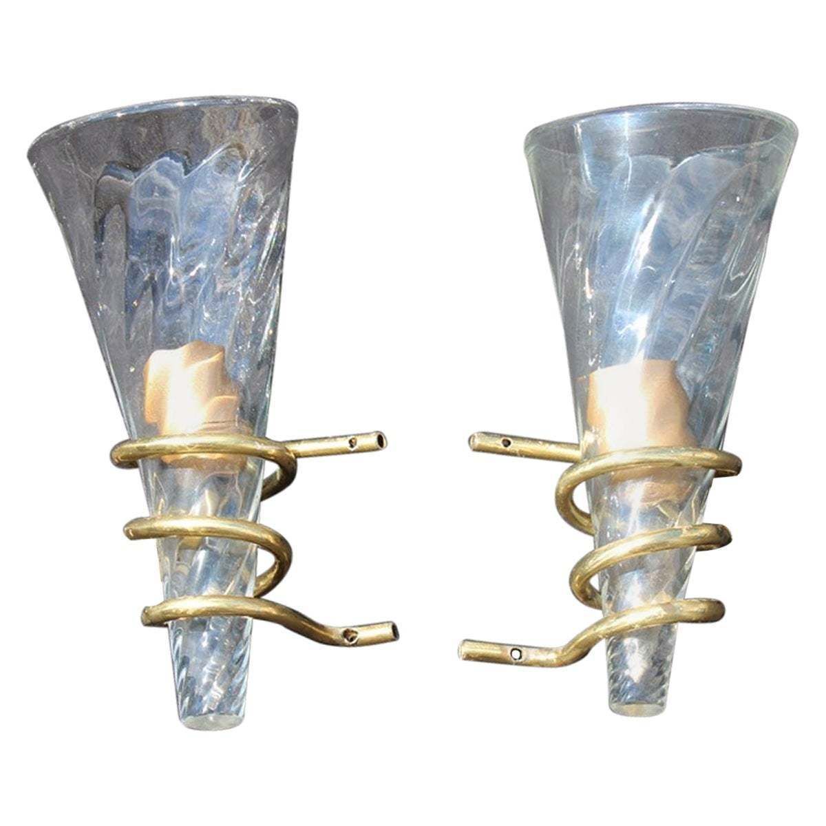 Pair Of Spiral Wall Lamps In Murano Glass And Brass, Italy, 1970