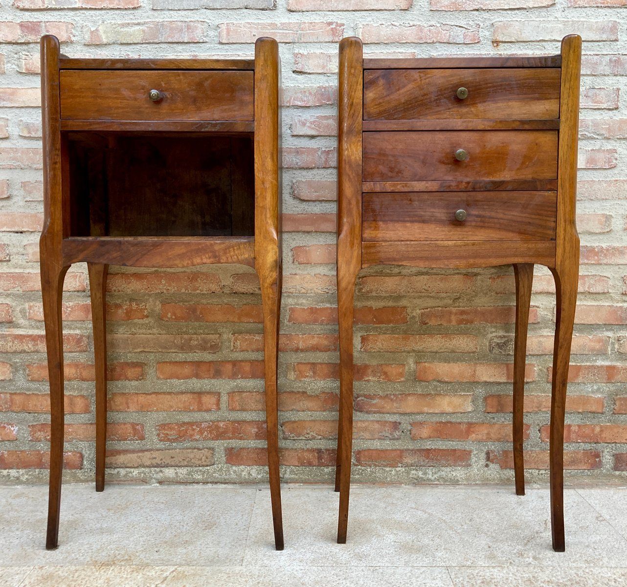 Vintage French Bedside Tables In Walnut And Iron Hardware, 1930, Set Of 2