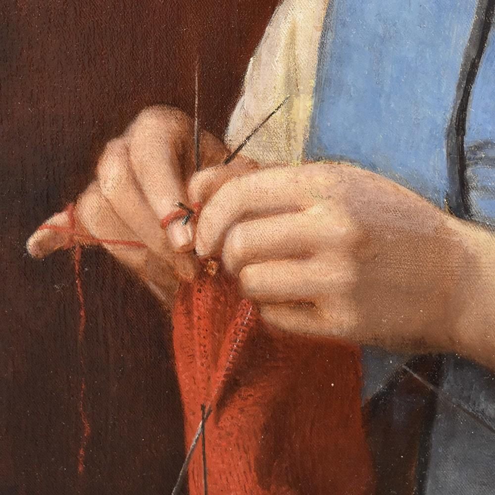 Antique Young Woman Who Sews, Portrait Painting, Oil On Canvas, XIX Century. (Qr436) photo vinterior