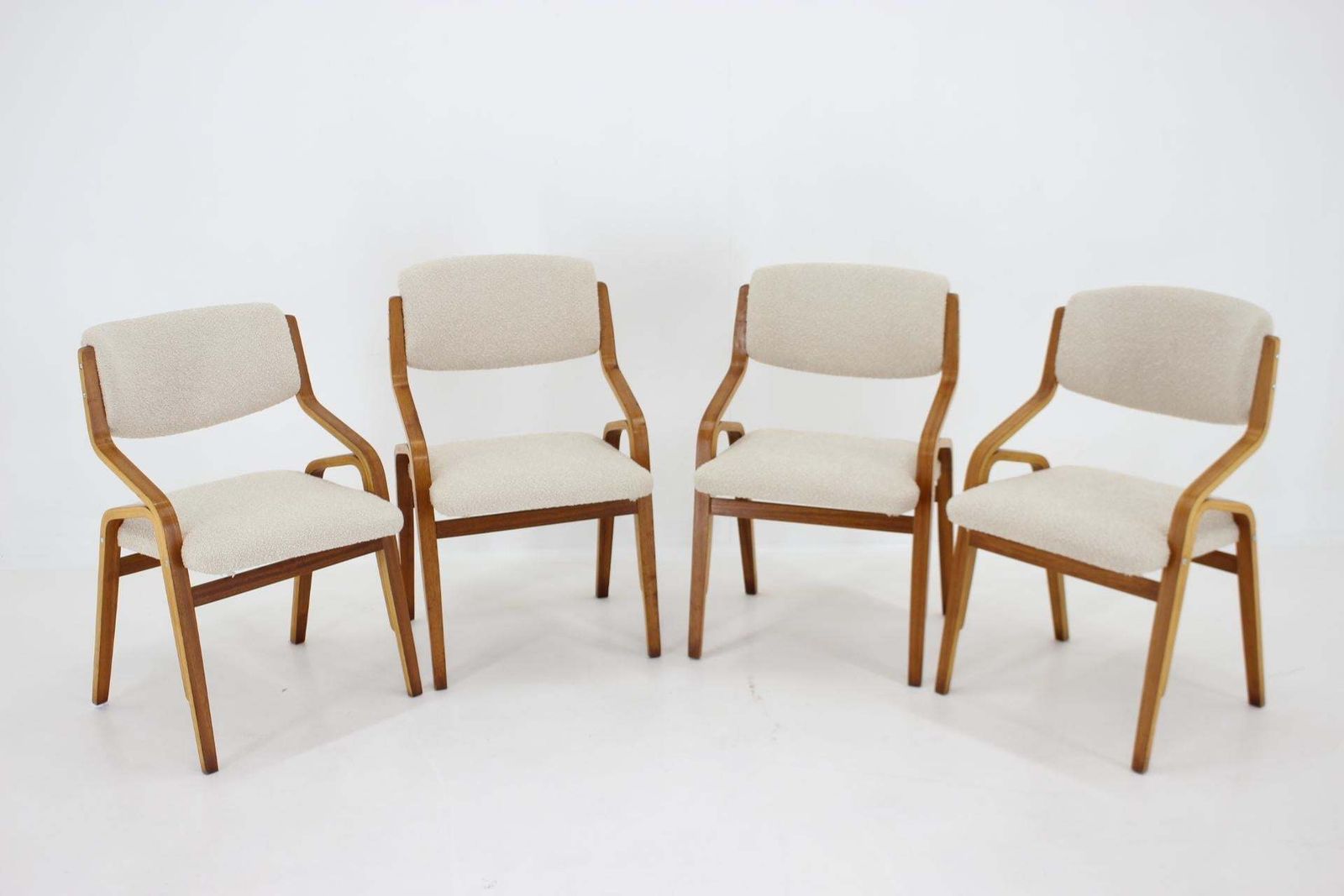 1970s Ludvík Volák Four Bentwood Dining Chairs In Boucle Fabric, Czechoslovakia photo furniture