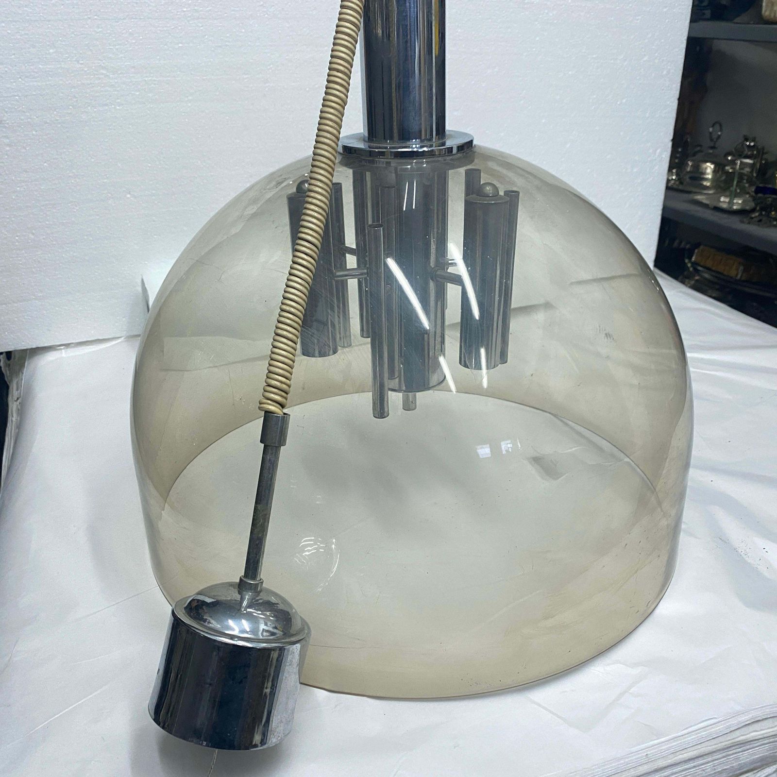1970s Space Age Gray Plexiglass And Chromed Metal Italian Pendant photo for sale