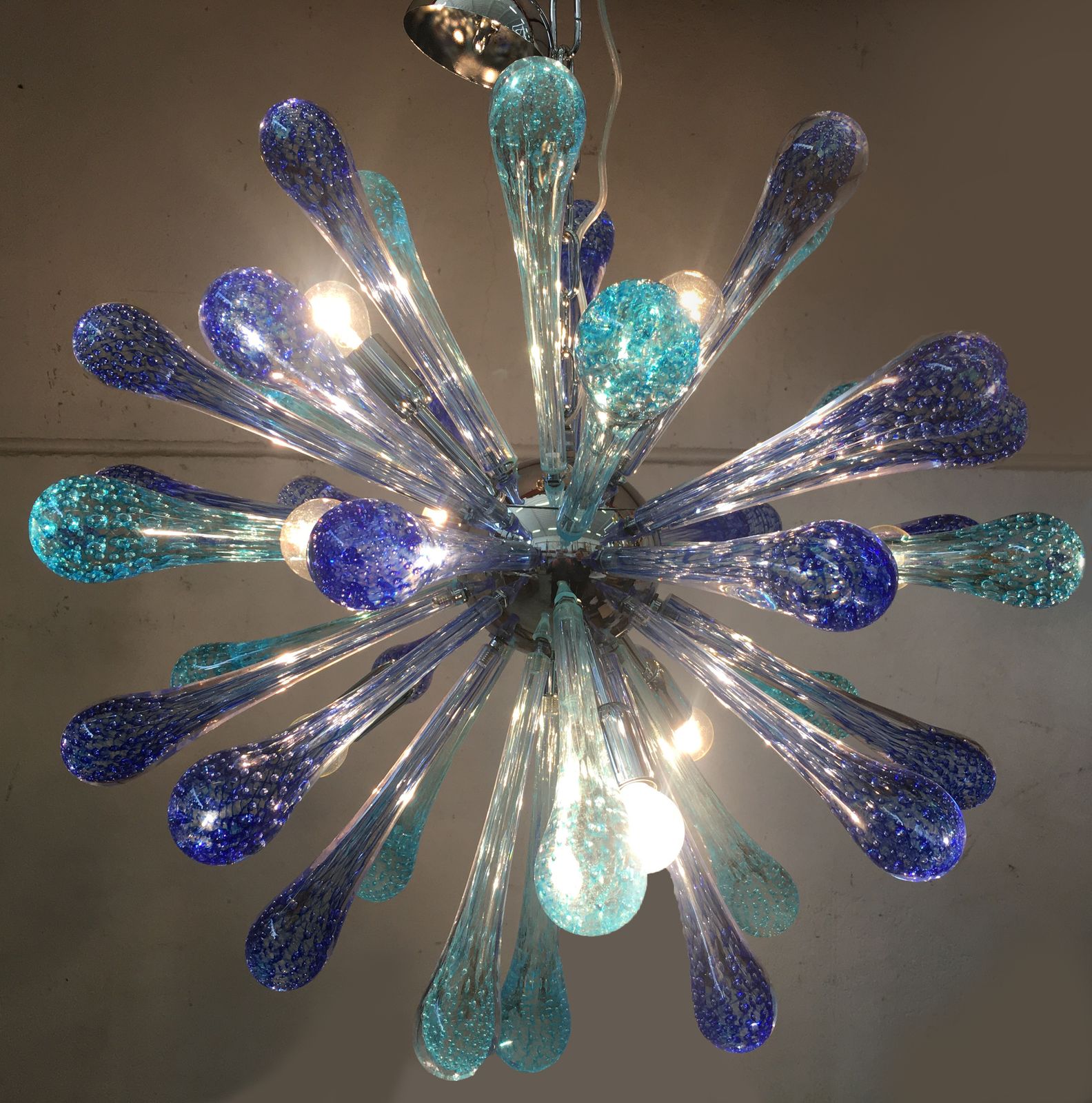 Murano Glass Sputnik Chandelier With Blue Air Drops And Kromo Metal Frame photo furniture