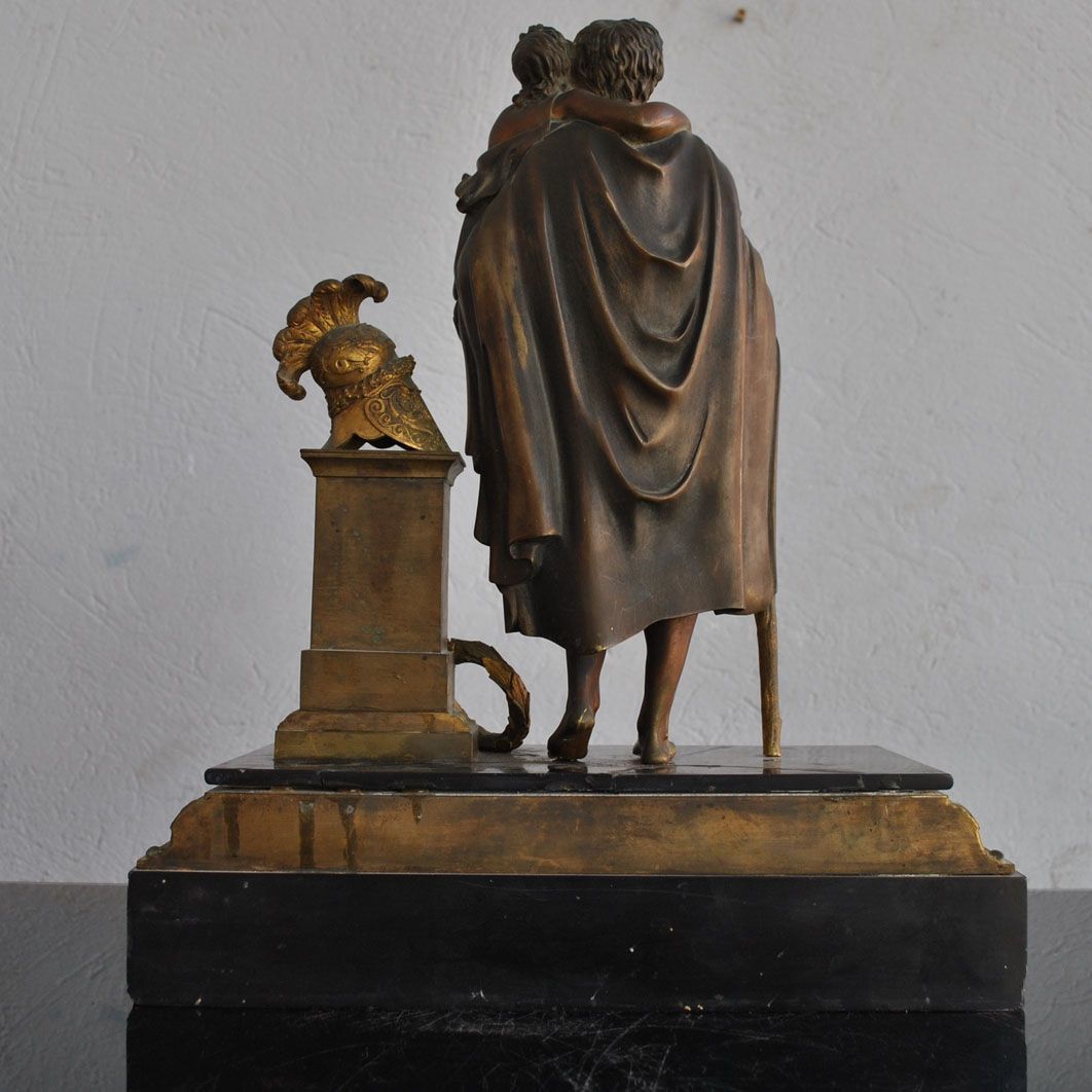 Bronze Representing Roman Soldier With Child Black Marble Base Xixth Century photo for sale