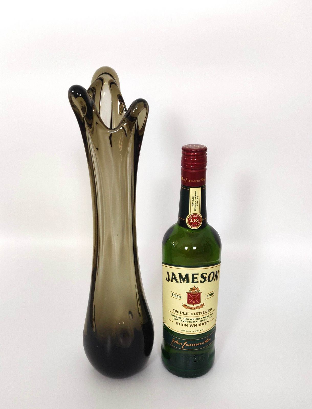 Pair Of Italian Vintage Smoked Glass Vases, Mid Century Murano Handmade Tall Glass Vases photo vinterior