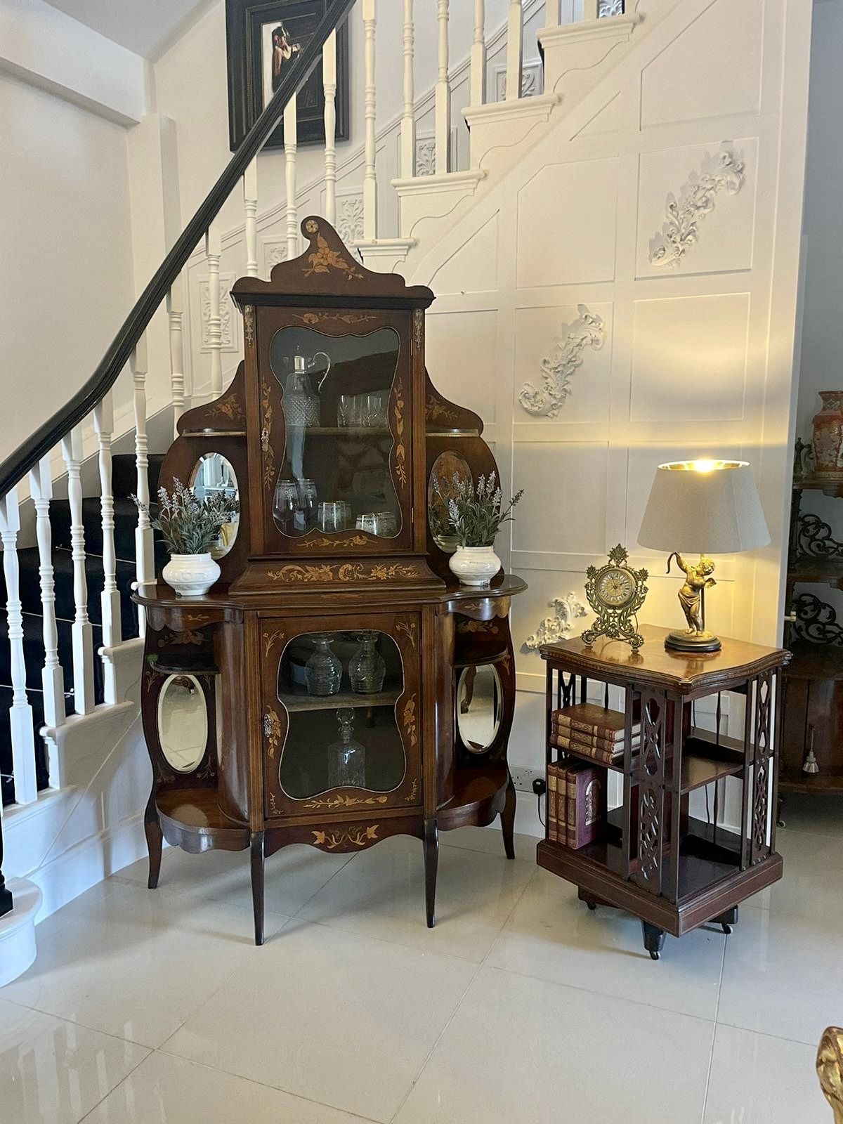 photo for sale Antique Quality Marquetry Inlaid Mahogany Display Cabinet