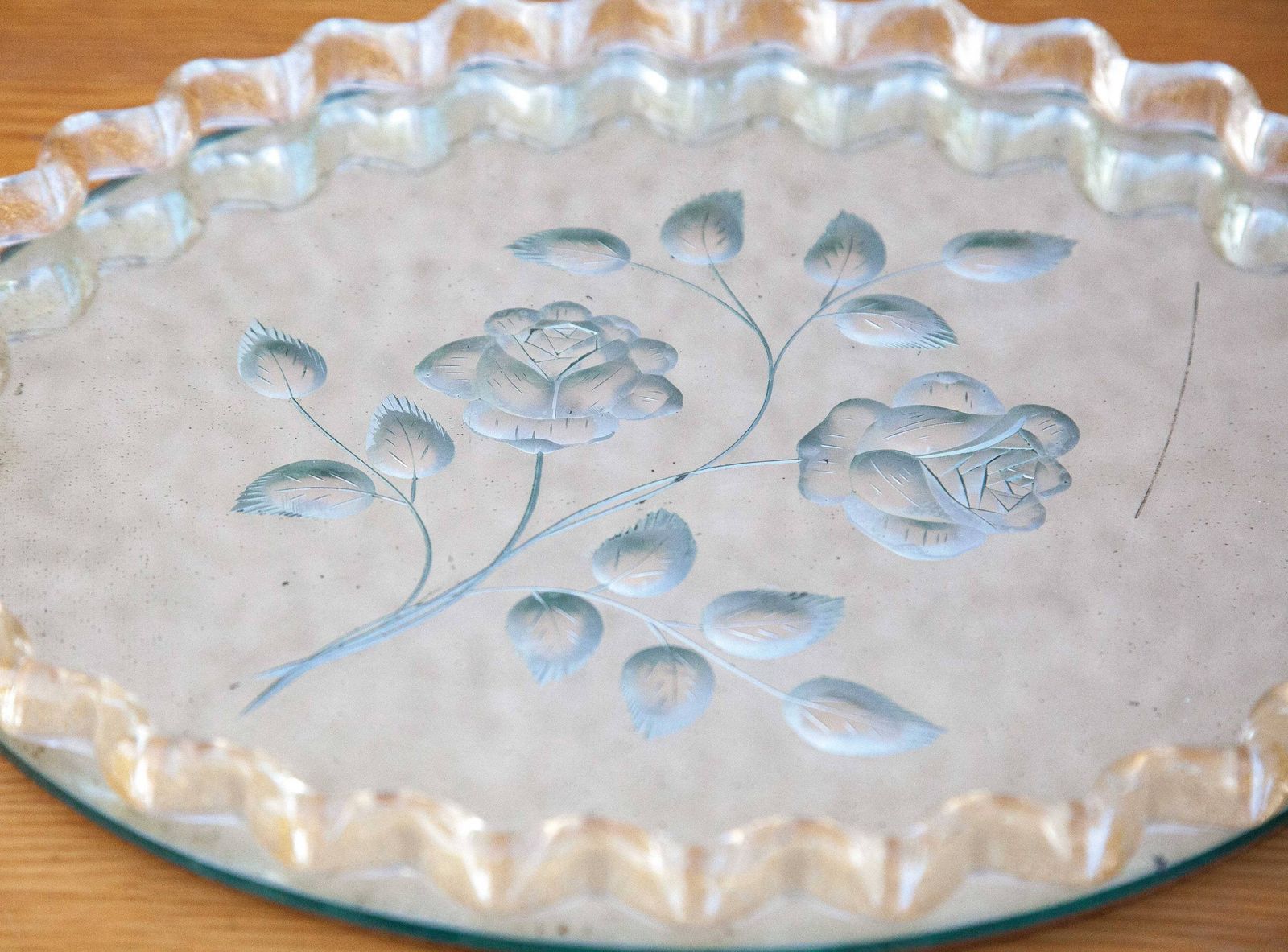 Murano Tray Engraved Flower Motifs, Twisted Glass Glittered Gold, Mirror Tray, Art Deco Handles, Boudoir, Art Of Glass, Collection, 50's photo Home Decor