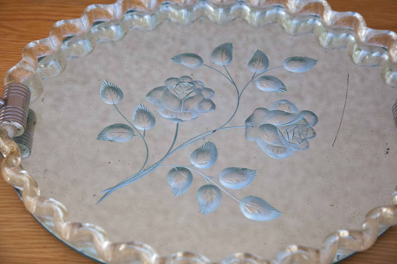 Murano Tray Engraved Flower Motifs, Twisted Glass Glittered Gold, Mirror Tray, Art Deco Handles, Boudoir, Art Of Glass, Collection, 50's photo buy