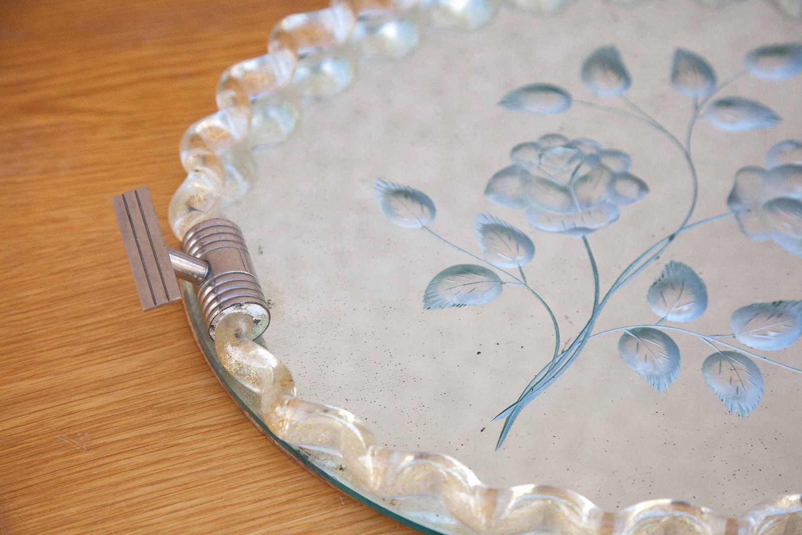 photo for sale Murano Tray Engraved Flower Motifs, Twisted Glass Glittered Gold, Mirror Tray, Art Deco Handles, Boudoir, Art Of Glass, Collection, 50's