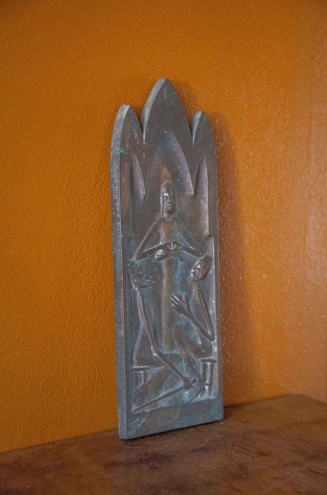 Modernist Religious, Bronze Christ, That Breaks Bread, Signed Plaque, Collection, Decoration, 50's photo furniture