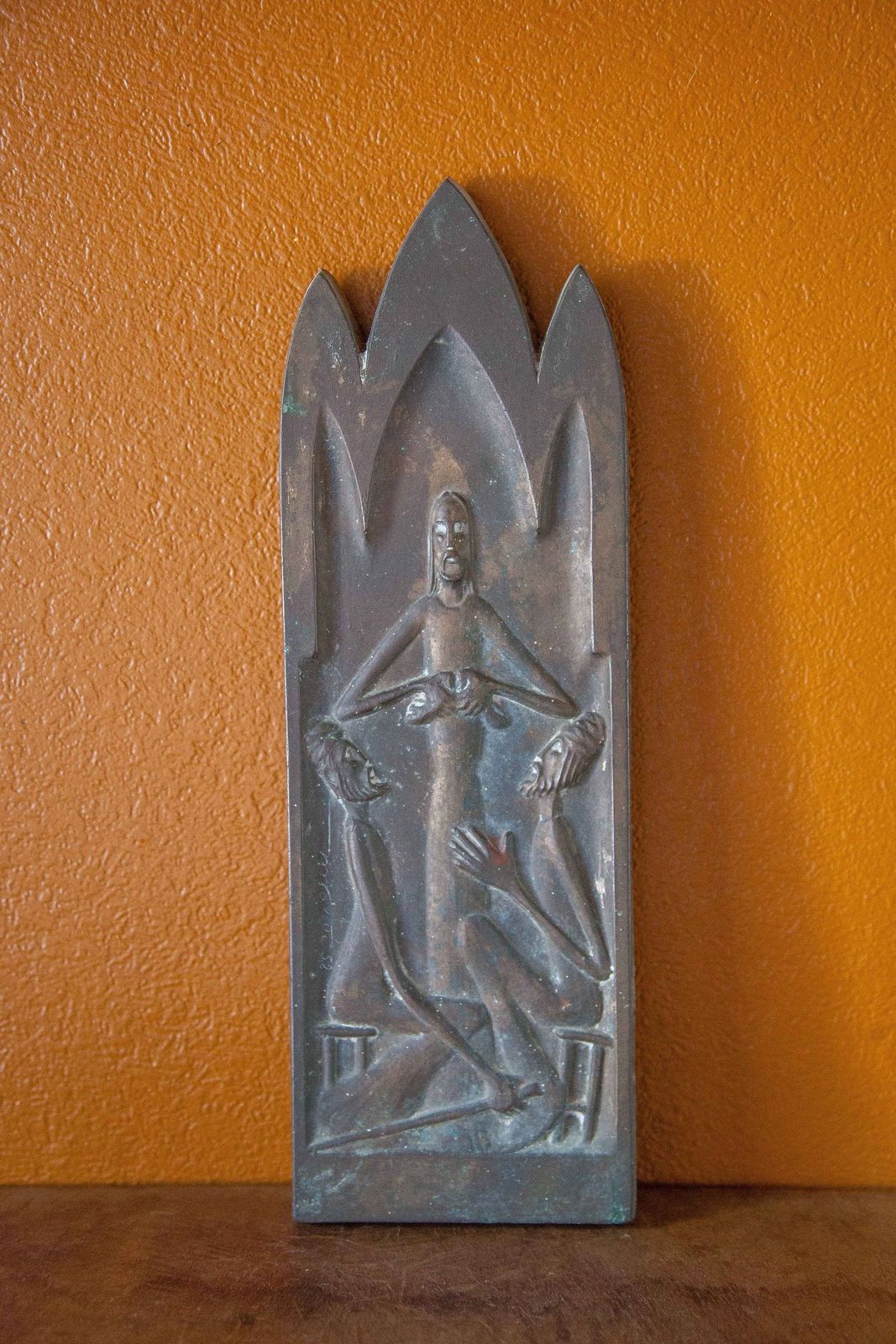 Modernist Religious, Bronze Christ, That Breaks Bread, Signed Plaque, Collection, Decoration, 50's photo Home Decor