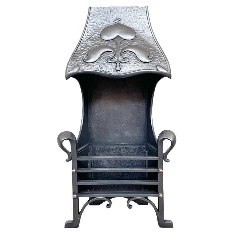 Antique Edwardian Arts & Crafts Canopied Cast Iron Fire Grate.