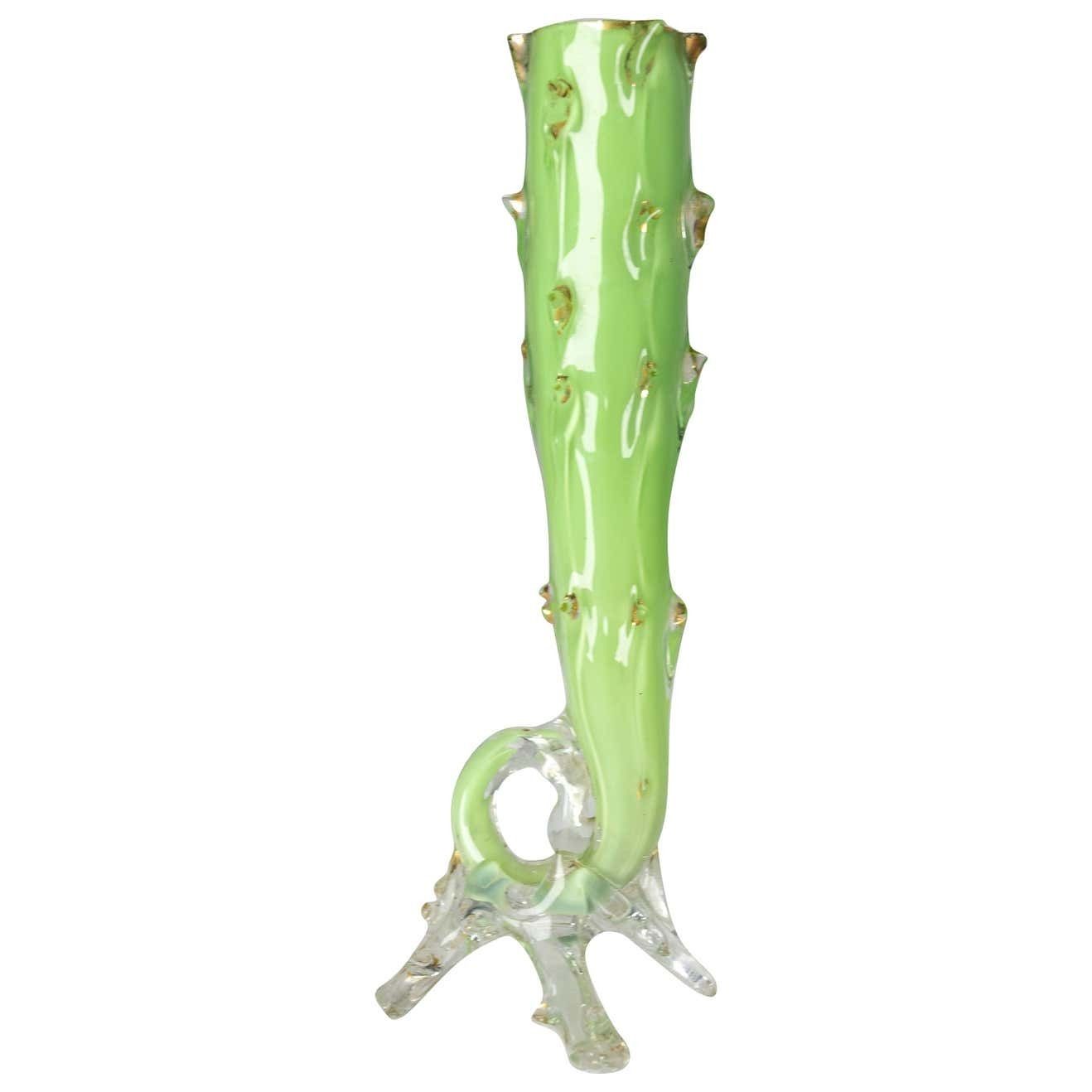 Franse Soliflor Vaas, Groen En Goudkleurig Glas, Imitatie Van Een Rozensteel, Ca. 1960