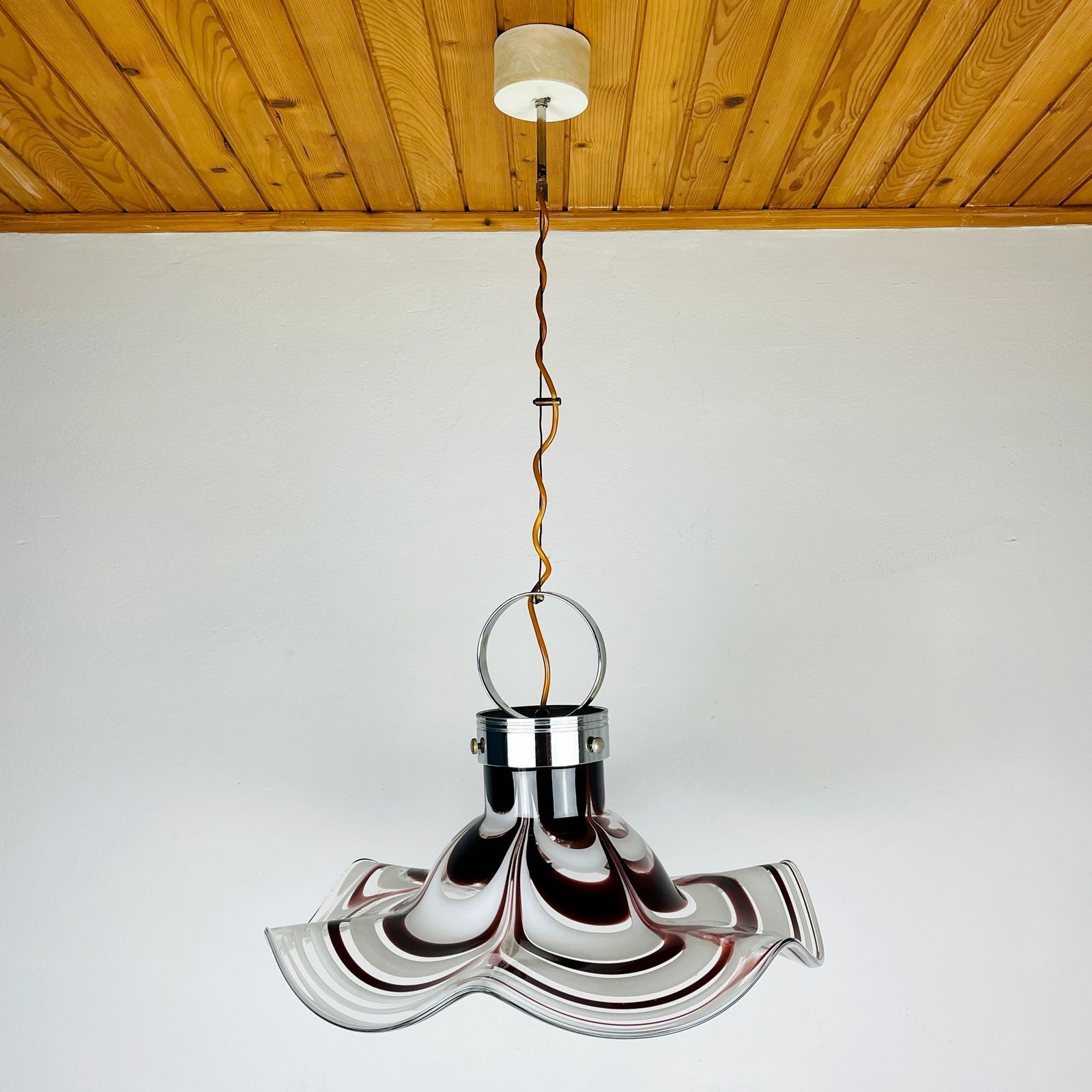 Original Murano Glass Brown Pendant Lamp Flower By Av Mazzega Italy 1970s photo for sale