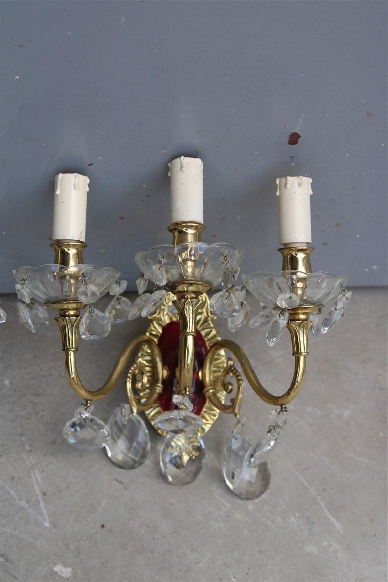 Pair Of Wall Lamps In Brass And Mid Century Italian Crystal Enamels 1950s photo for sale