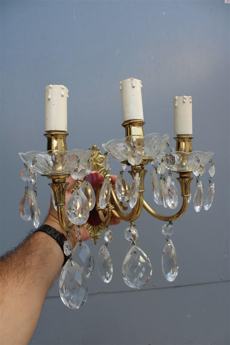 Pair Of Wall Lamps In Brass And Mid Century Italian Crystal Enamels 1950s photo 1266.0
