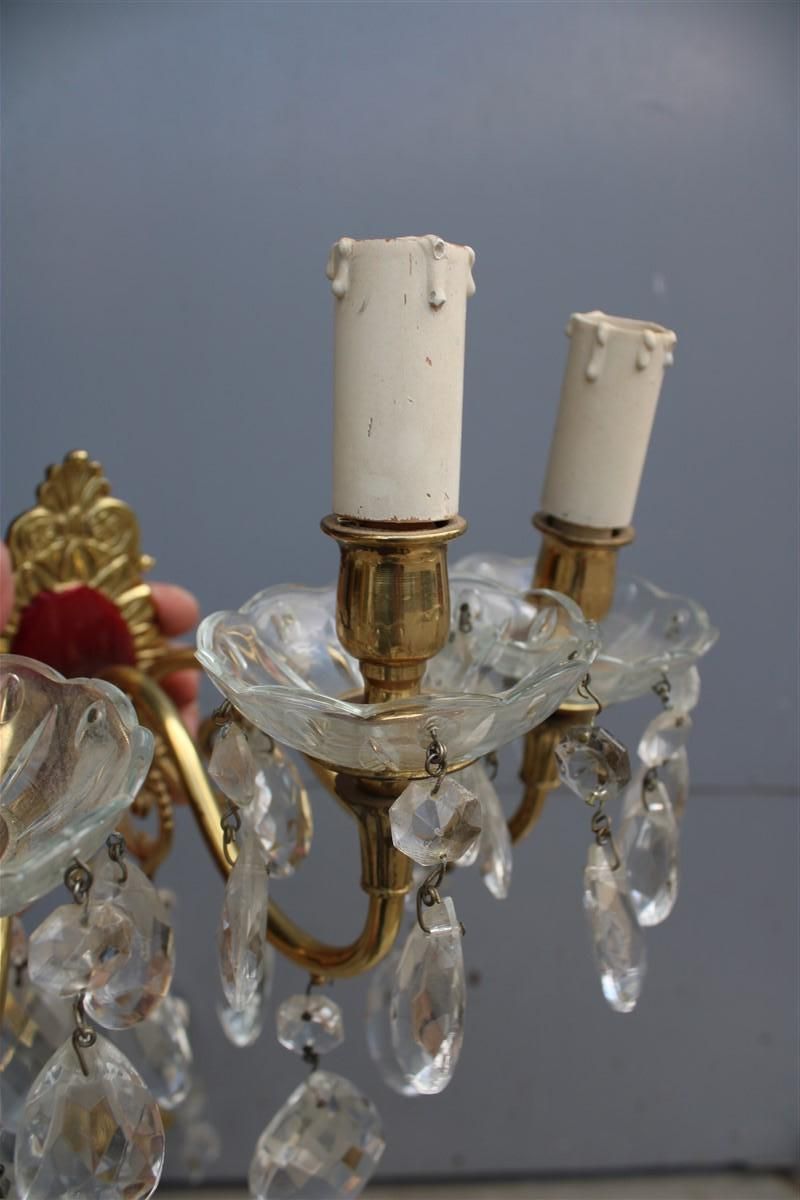 Pair Of Wall Lamps In Brass And Mid Century Italian Crystal Enamels 1950s photo vinterior