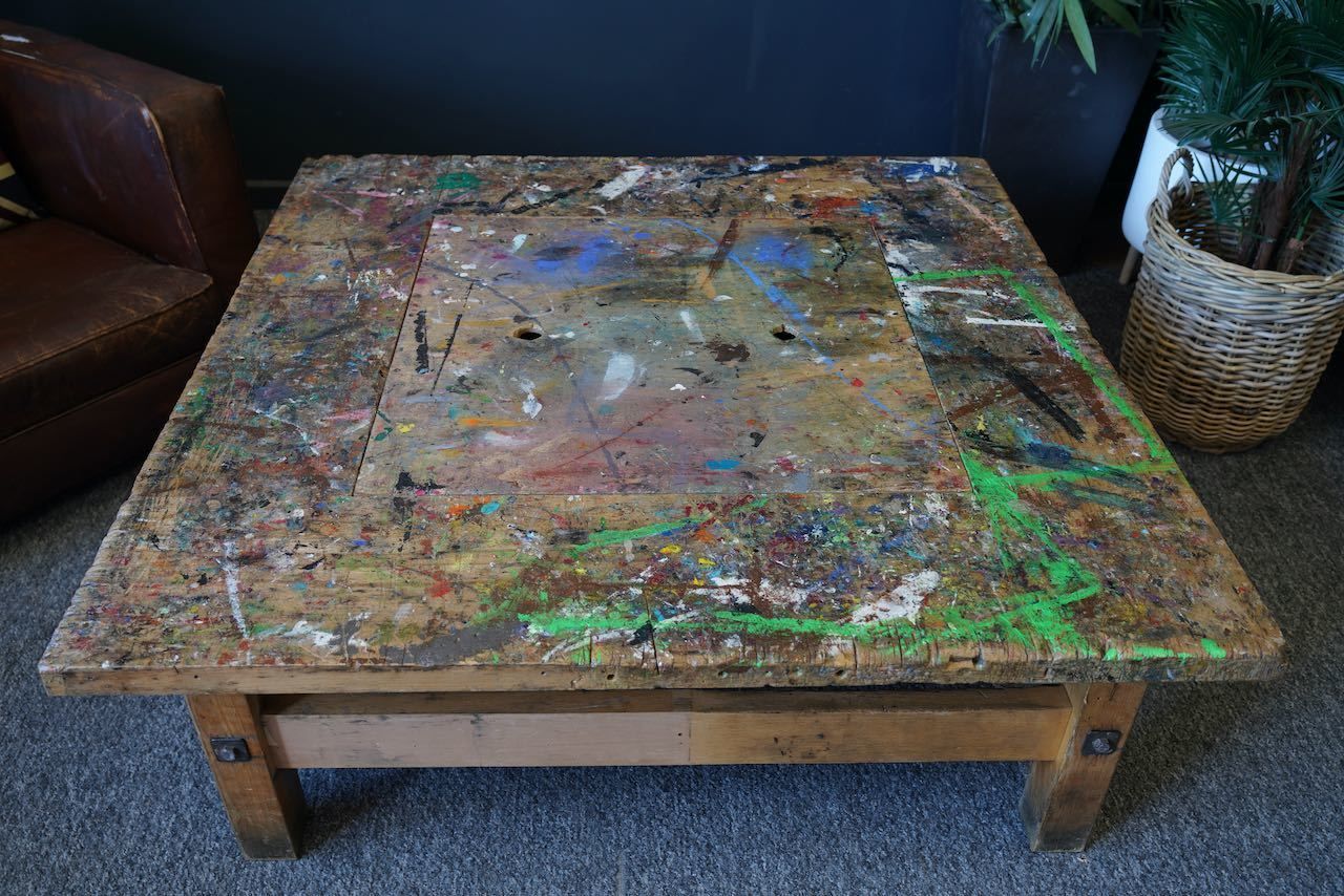 Handmade Large Square Coffee Table Hidden Compartment Paint Splattered photo furniture