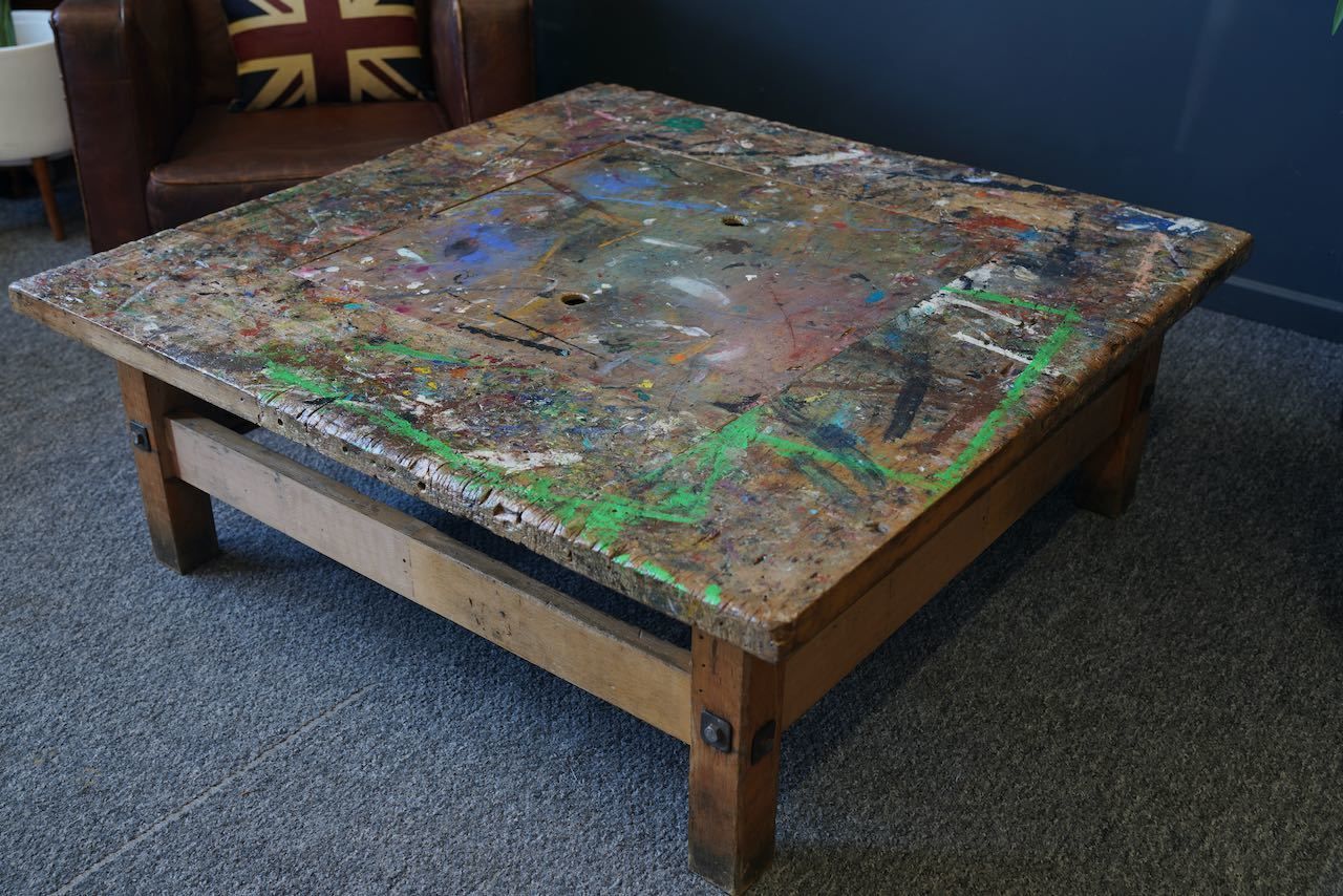 Handmade Large Square Coffee Table Hidden Compartment Paint Splattered photo 1200.0