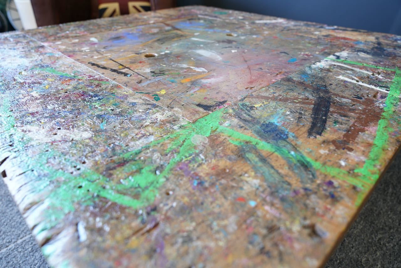 photo vinterior Handmade Large Square Coffee Table Hidden Compartment Paint Splattered