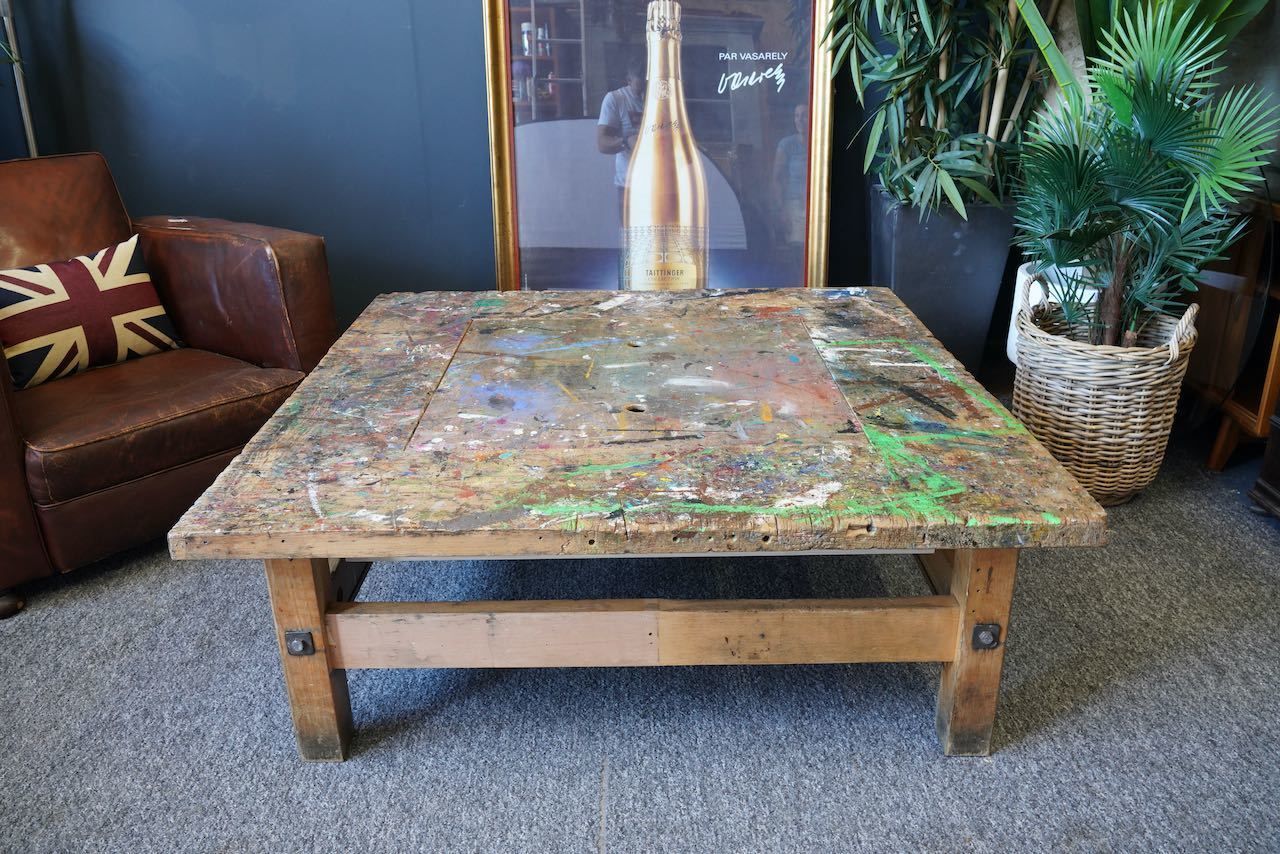 photo vintage Handmade Large Square Coffee Table Hidden Compartment Paint Splattered