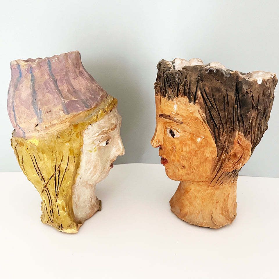 Pair Of Hand Decorated Ceramic Heads   Art photo for sale