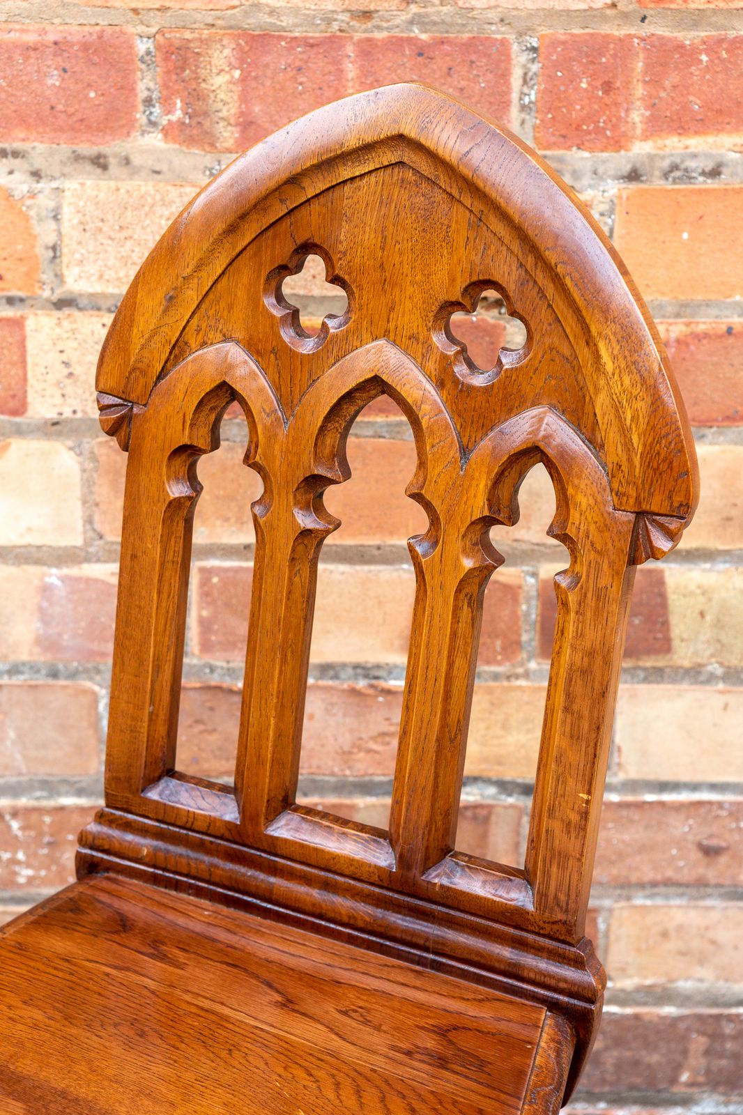 Gothic Revival Steeple Back Oak Chair Pugin Style Carved Hall Chair Tiger Oak Ecclesiastical photo for sale