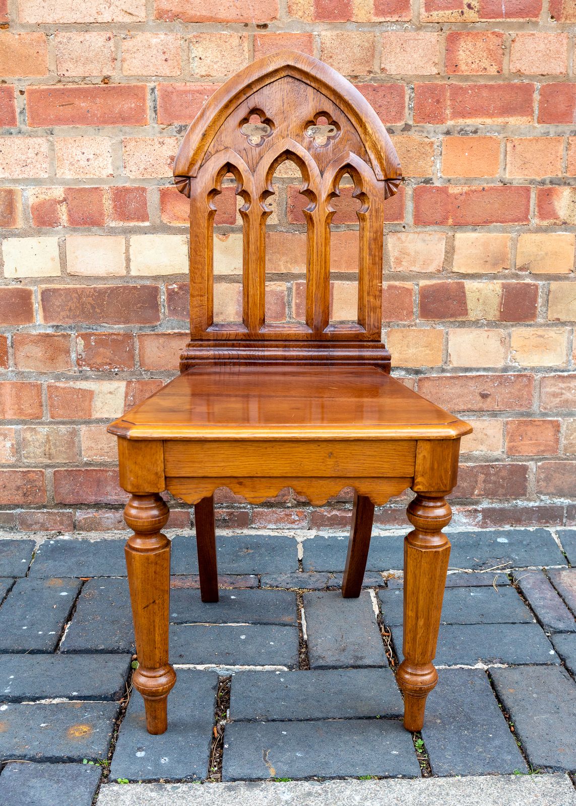 750.0 Gothic Revival Steeple Back Oak Chair Pugin Style Carved Hall Chair Tiger Oak Ecclesiastical photo