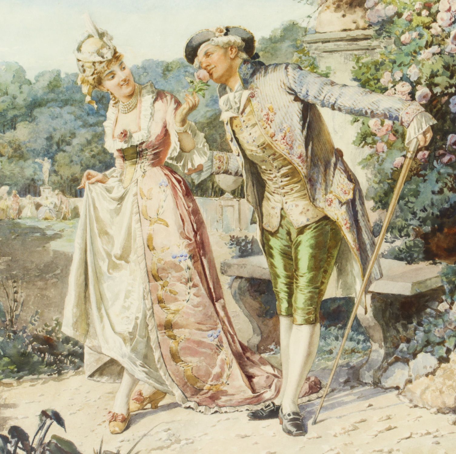 Antique Water Colour  "The Romantic Walk"  By  Belisario Gioja   19th C photo for sale