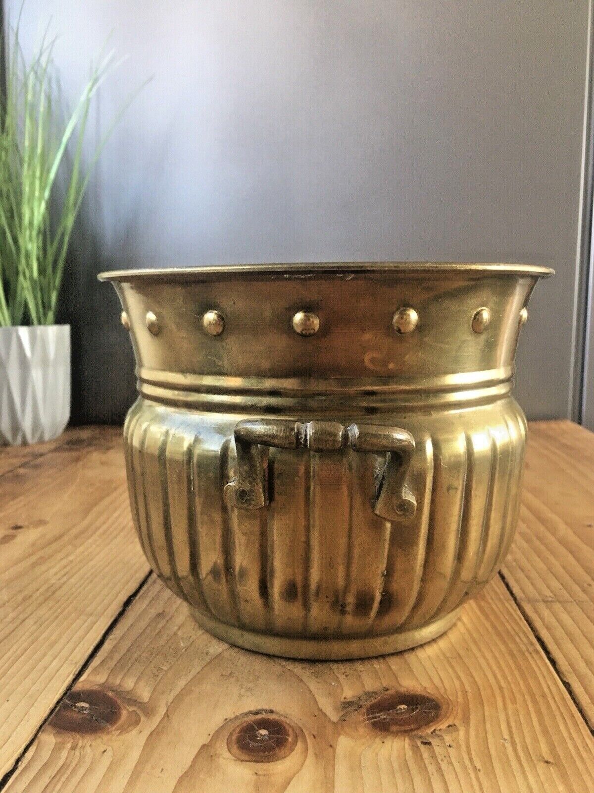 Vintage Reeded Brass Faux Studded Planter Flower Plant Pot Boho 60's 70s Antique photo vinterior
