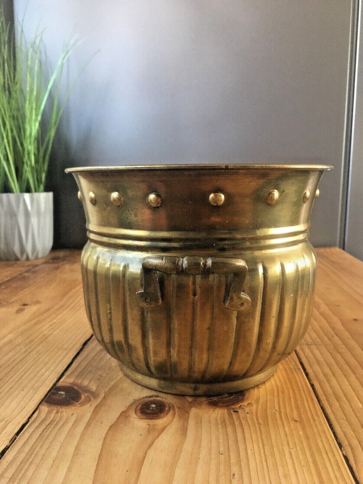 Vintage Reeded Brass Faux Studded Planter Flower Plant Pot Boho 60's 70s Antique photo vintage