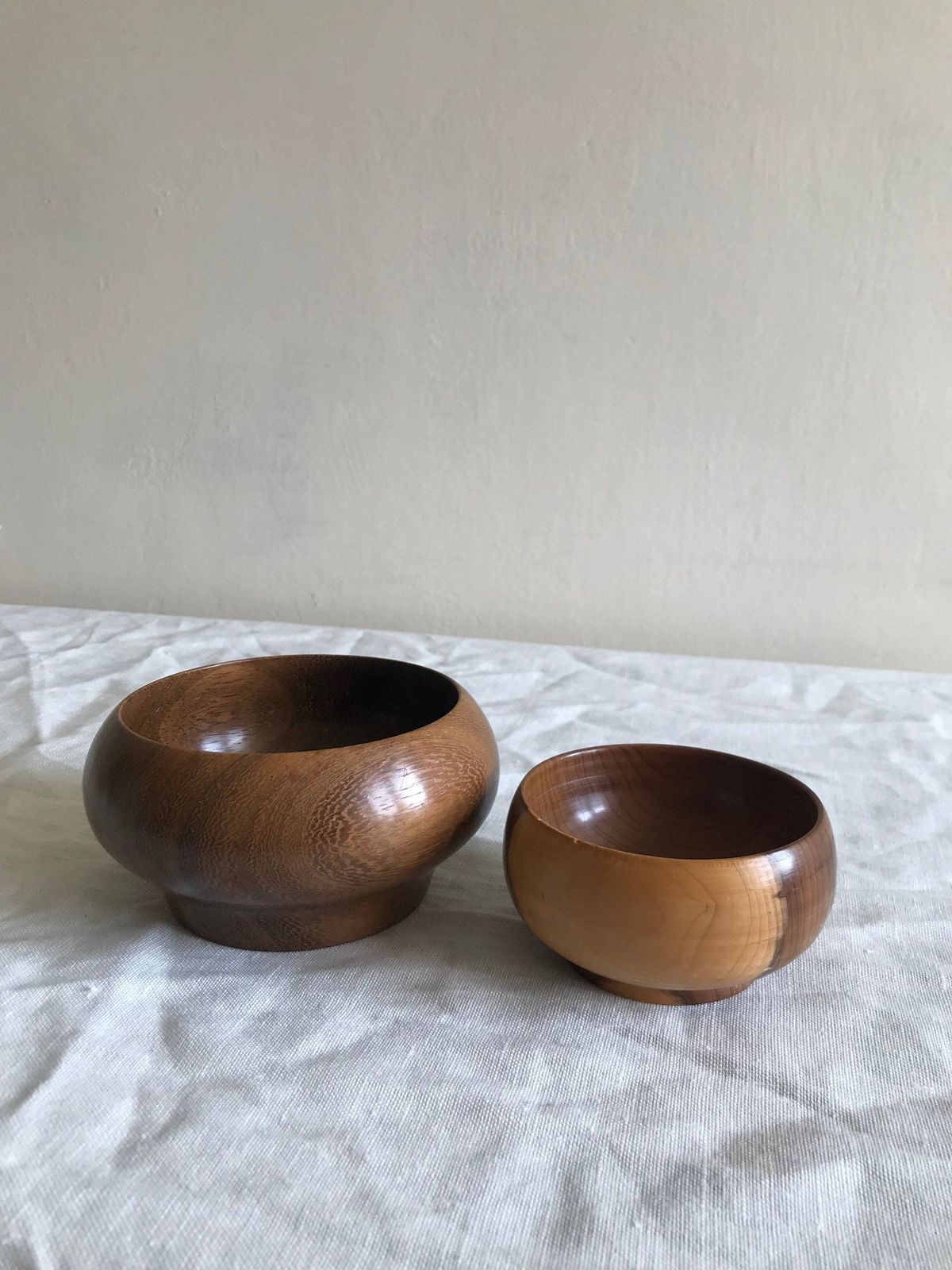 Handmade Wooden Bowls In Solid Yew, Set Of Two Vintage Nesting Dishes photo for sale